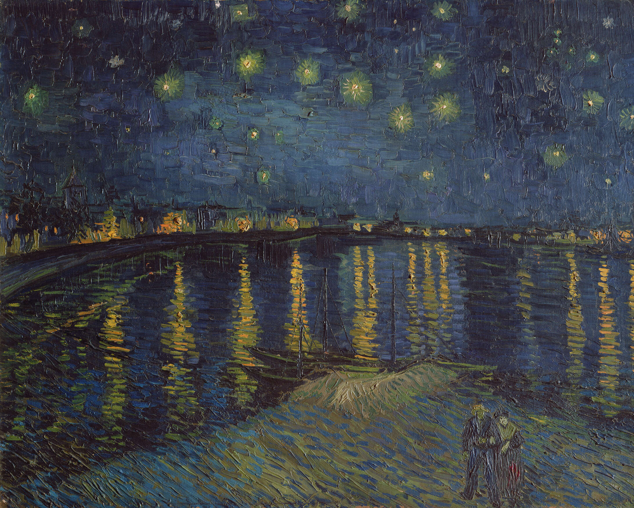 impressionismus, nacht himmel, sterne, wasserreflexionen, brücke