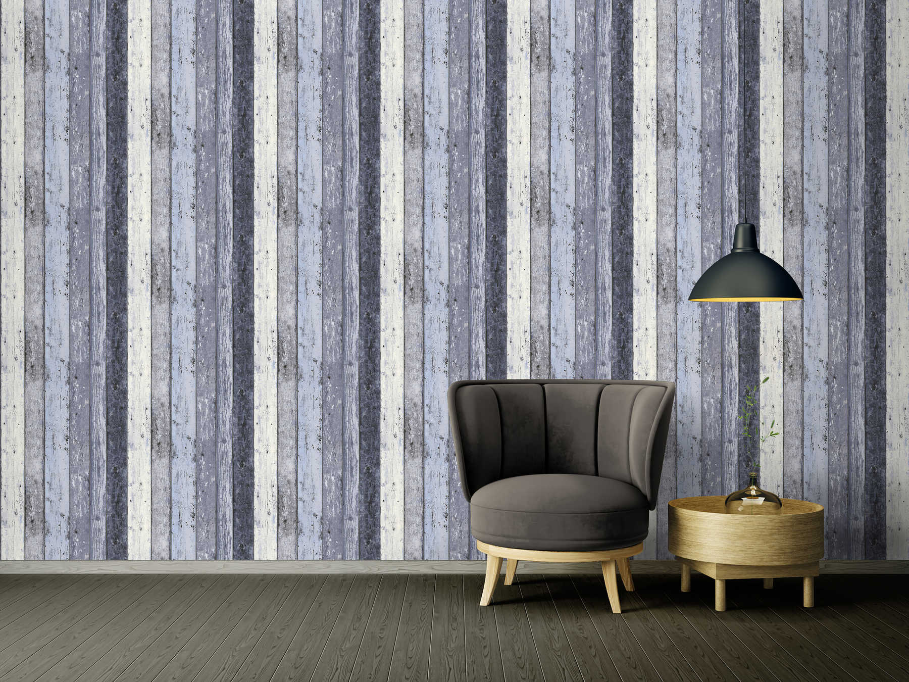             Holztapete Shabby Chic Style mit Brettern im Used-Look – Blau
        