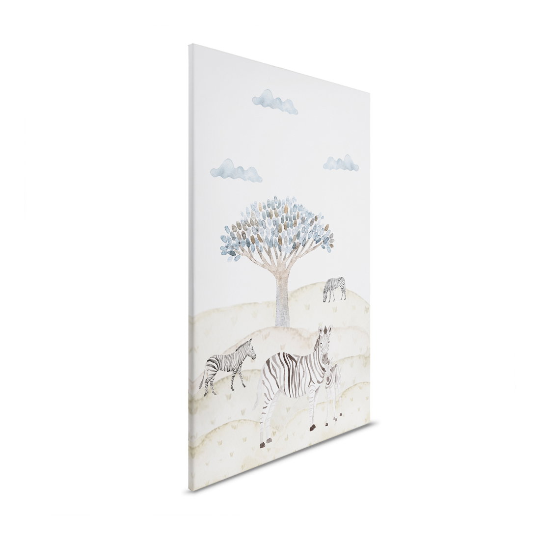 Nursery canvas picture Zebras under the Baobab - Charming Africa motif for stylish walls - 30 x 40 cm - Beige, Blue