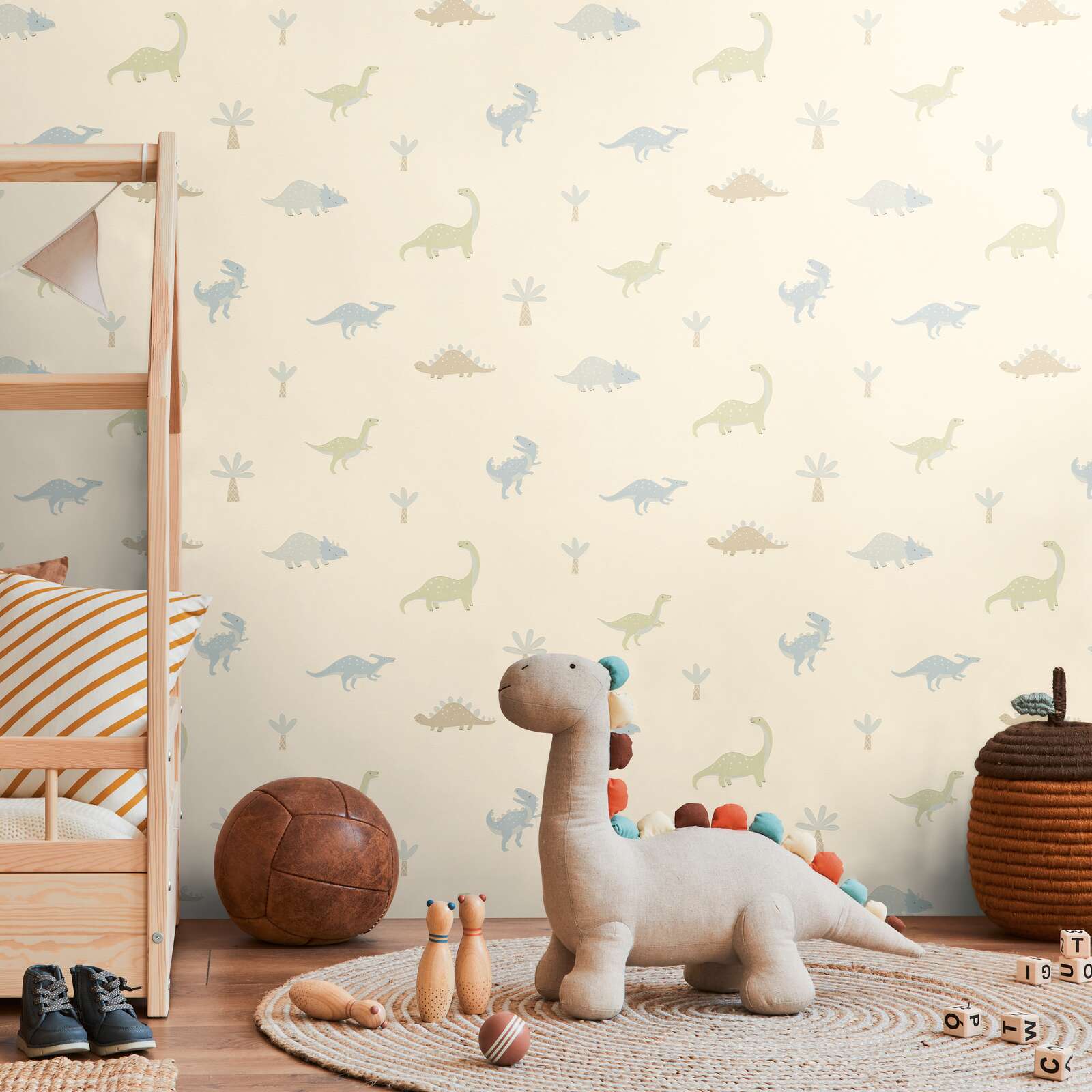 Kinderzimmer, Dinosaurier-Muster, Wandtattoo, Spielzeugdino, Korb
