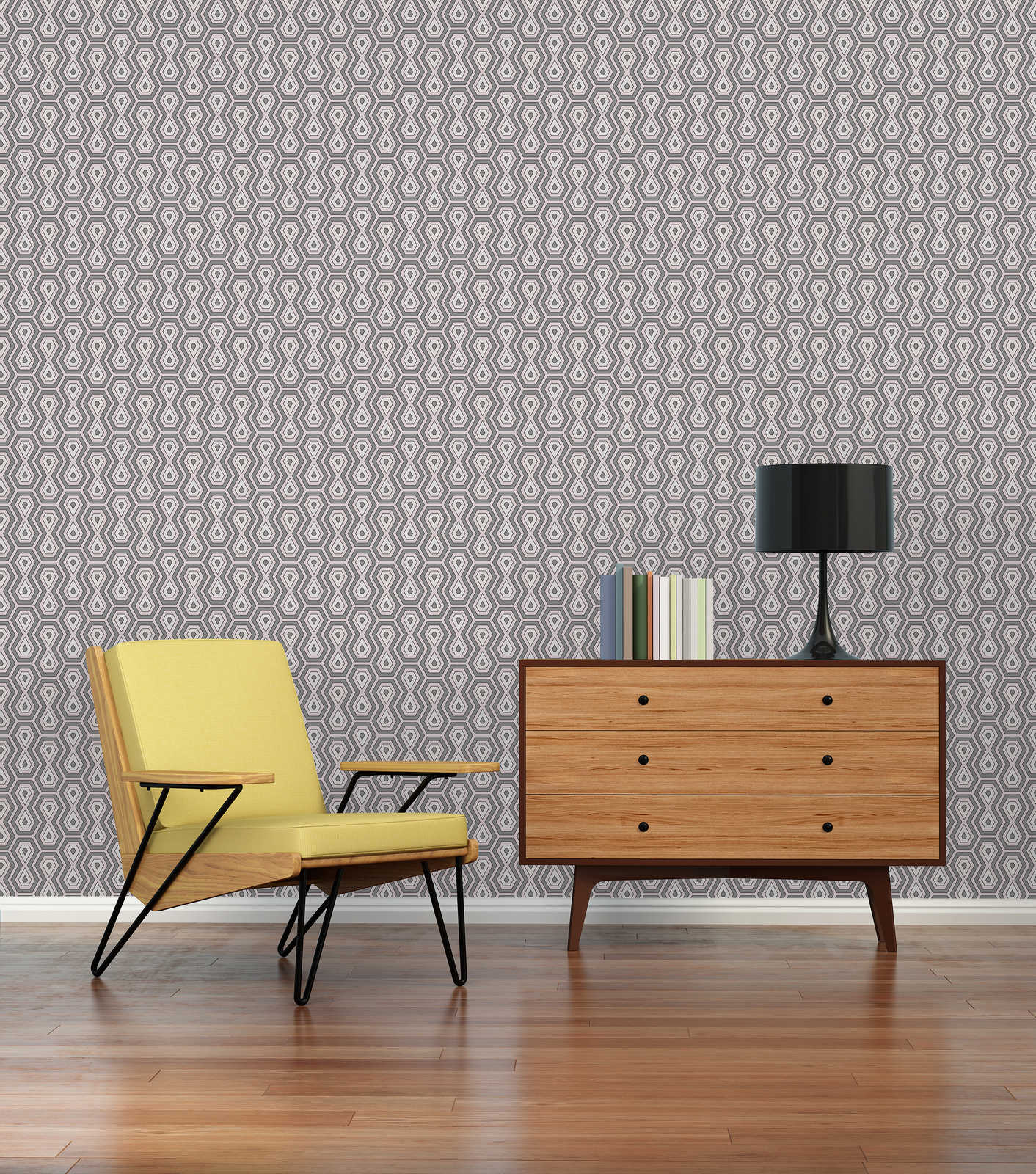 Tapete Metallic Retro Muster mit 70er Grafik Design – Rosa, Grau, Weiß