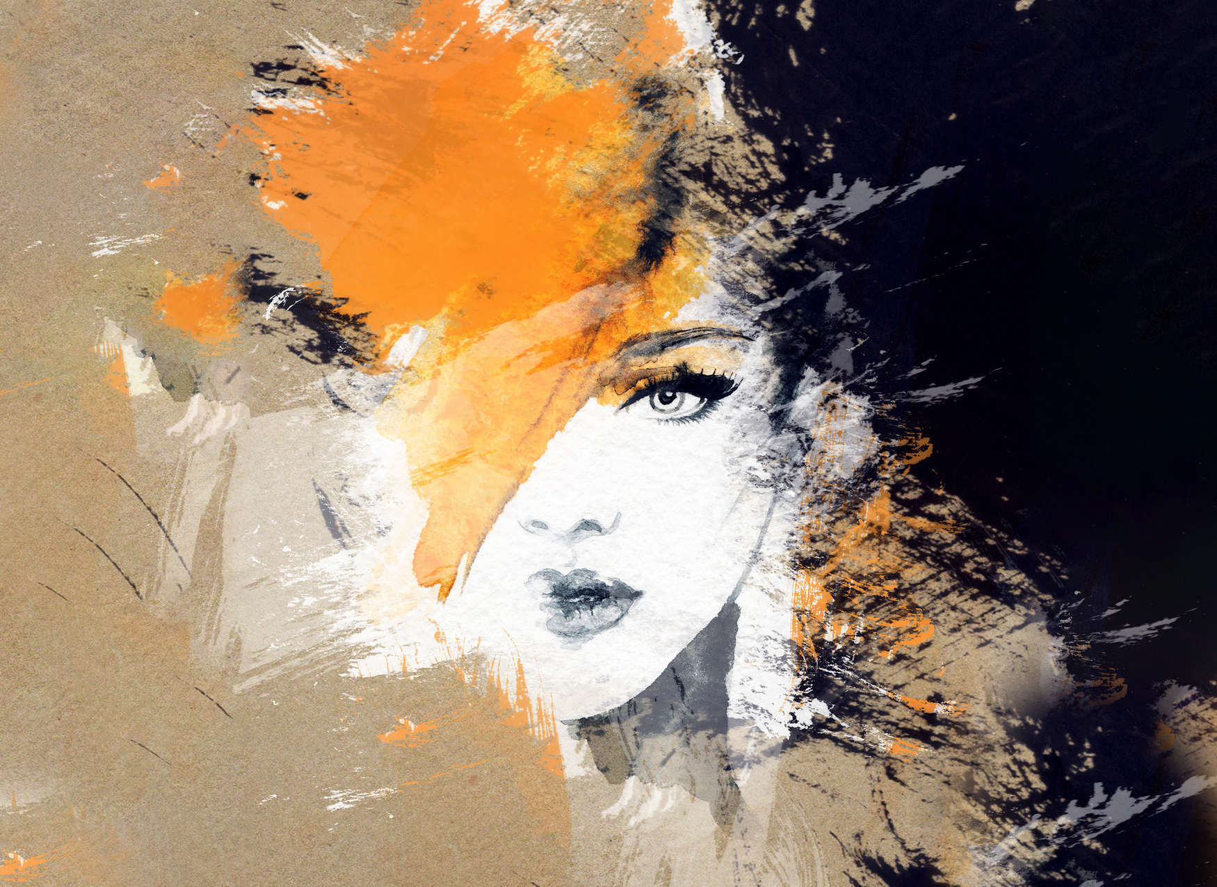 künstlerische illustration, porträt, grafik, farben: orange, gesicht/augen