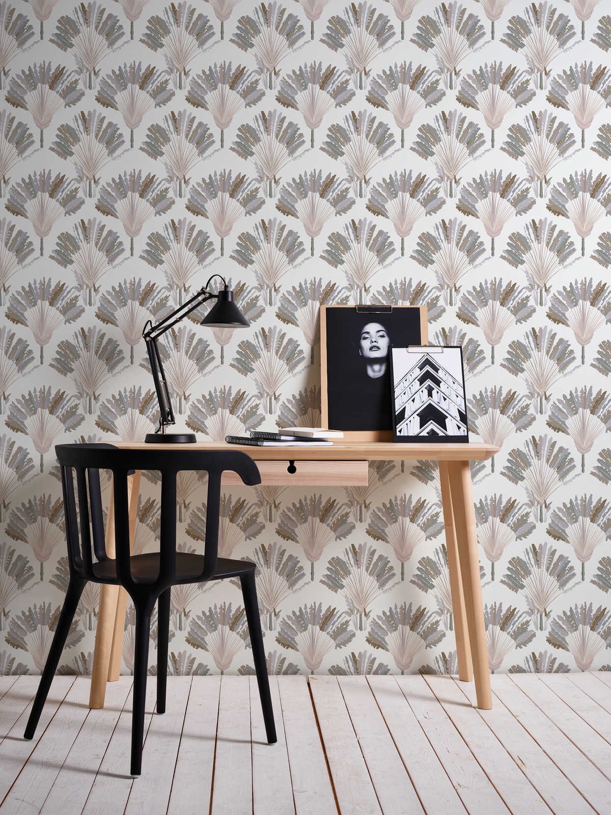             Tapete Grau Beige mit Palmen Muster & Block Design – Grau, Weiß, Braun
        
