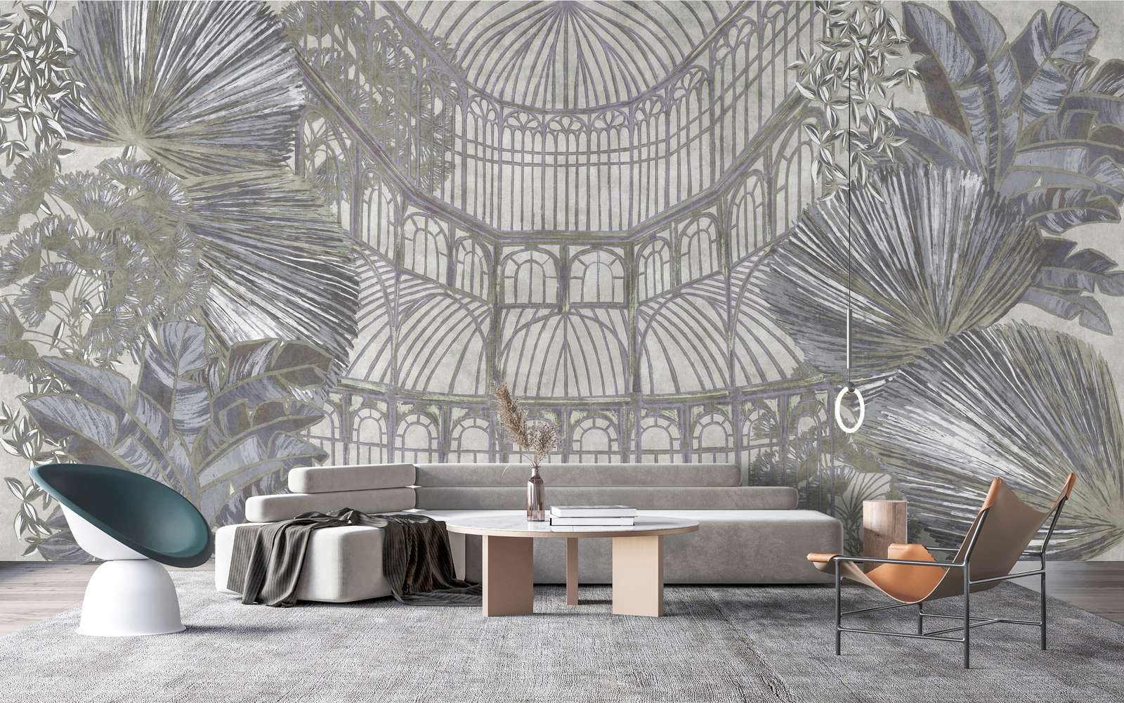 Fototapete »orangerie 1« - Pavillon mit Jungle-Blättern auf Vintage-Putzstruktur –Grün, Grau | Glattes, leicht glänzendes Premiumvlies