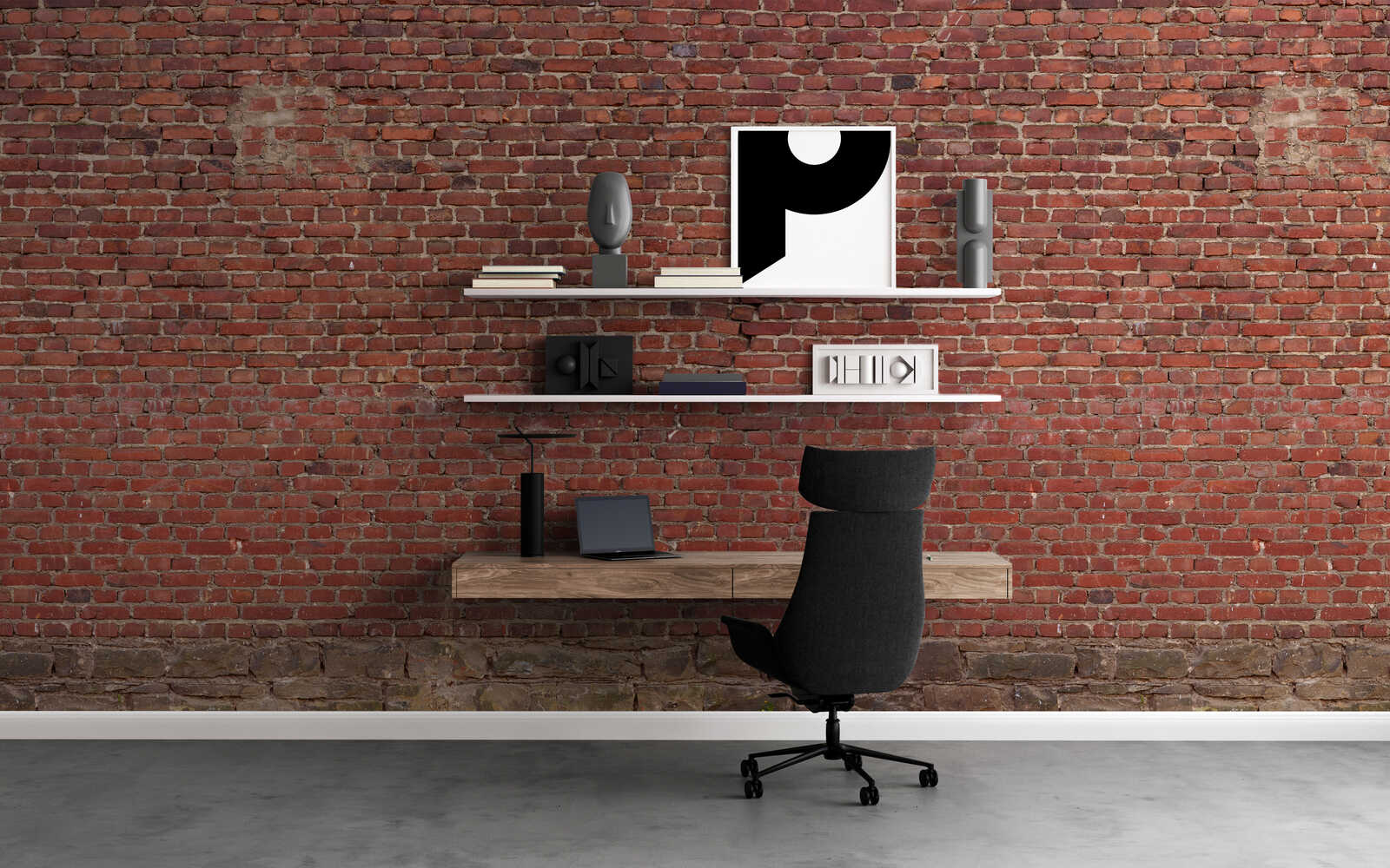 Büro, Schreibtisch, Stuhl, Ziegelwand, Regal