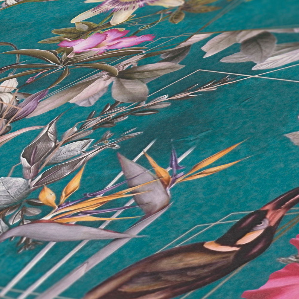             Jungle wallpaper tropical flowers & birds - turquoise, green, colourful
        