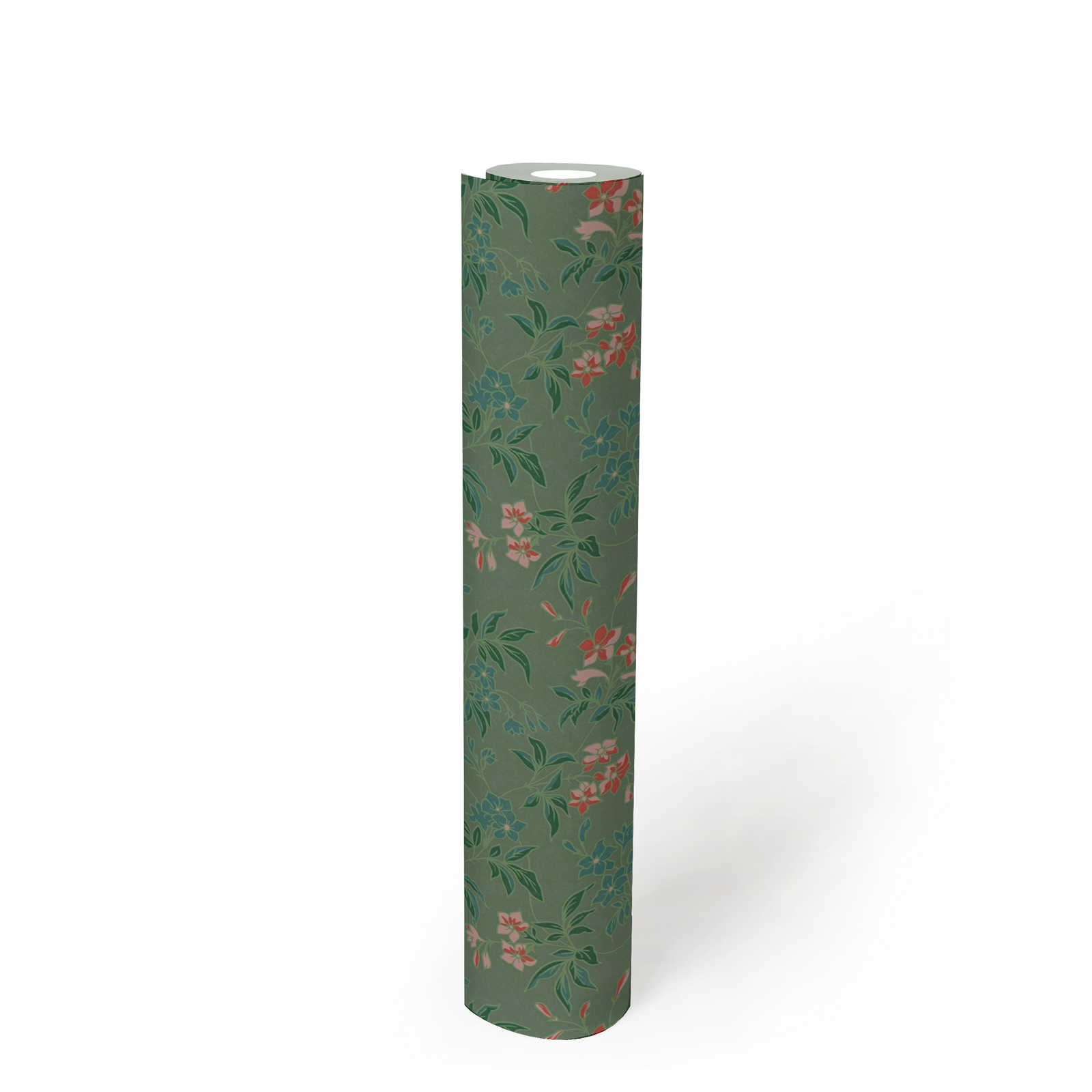 Blumentapete mit Blüten und Ranken – Grün, orange, Rosa