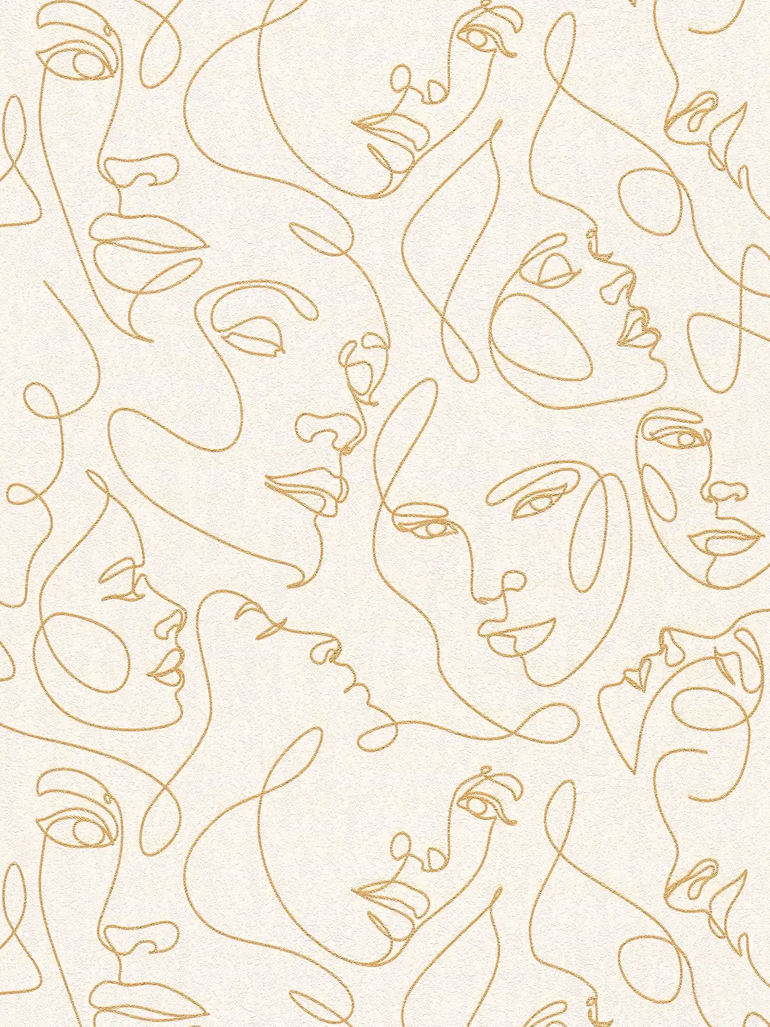 Modern non-woven wallpaper with line art motif softly shiny and textured - white, gold, metallic