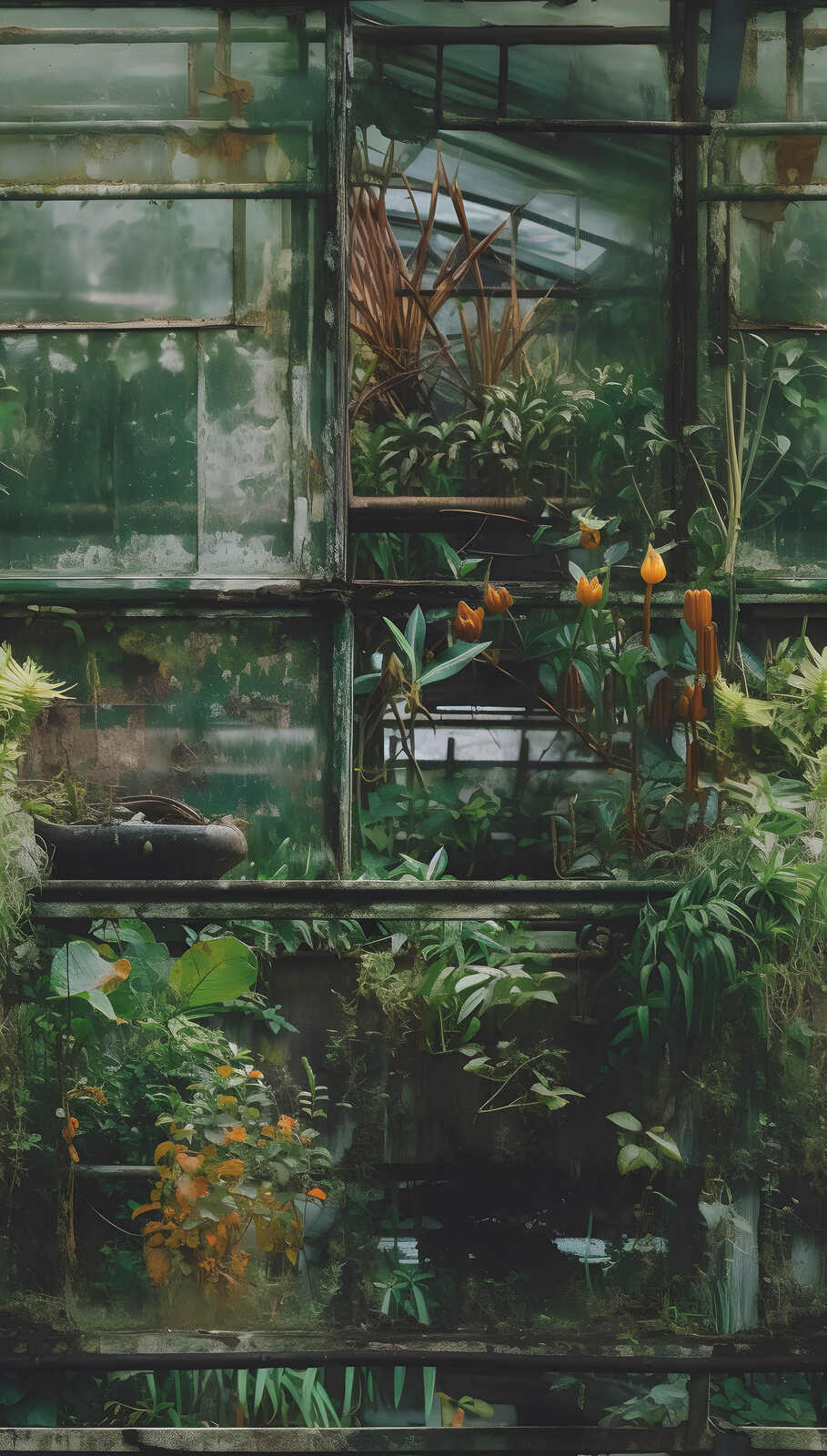             Glattes Vliestapeten Panel "Botanical Haven" 159cm Breite x 280cm Höhe - Verwunschenes Gewächshaus-Motiv – Grün
        