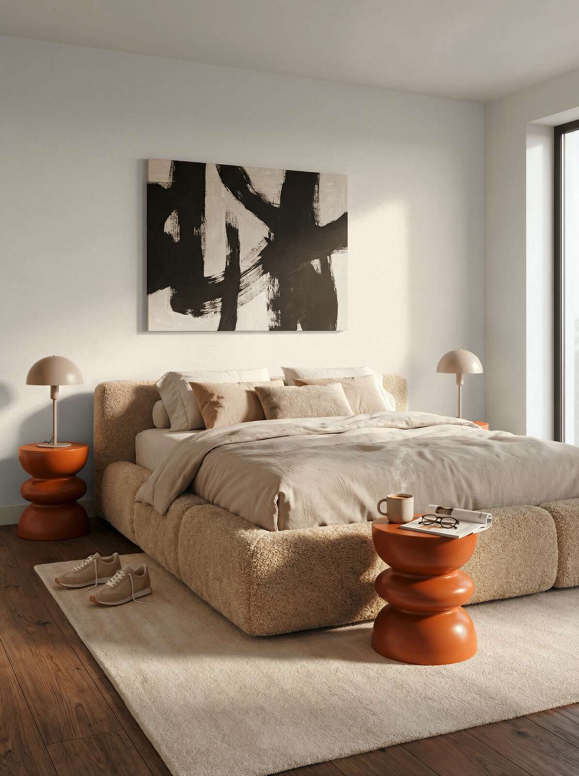 Bett, Wohnzimmer, Samt, Beige, Kopfteppich