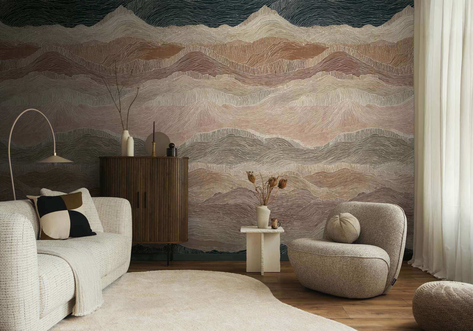 Wohnzimmer, Wandtapete, Möbel, Sessel, Tür/Vorhang