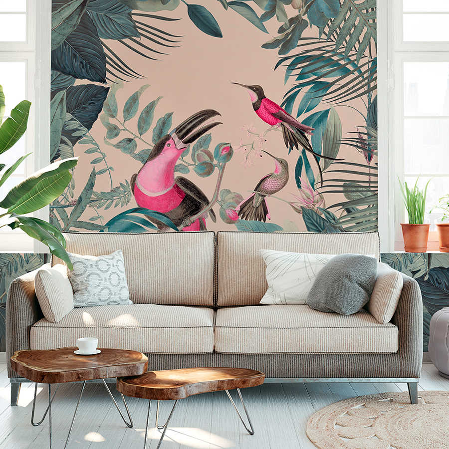 Wandtapete, Vogelmotiv, Dschungelmotiv, Rosa Akzent, Wohnzimmer
