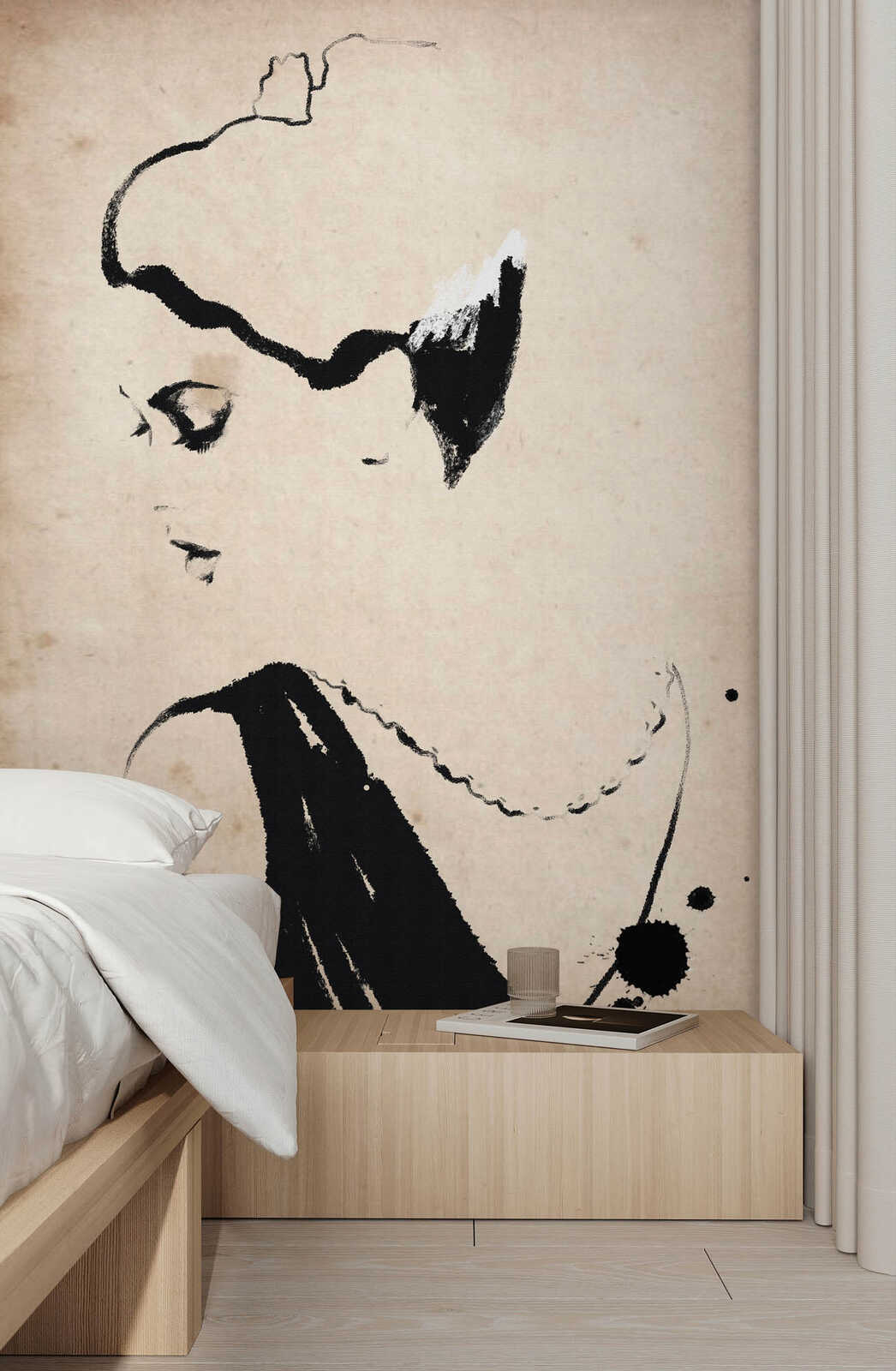 Schlafzimmer, Nachttisch, Wand mural, Schwarz-Weiß, Leinen
