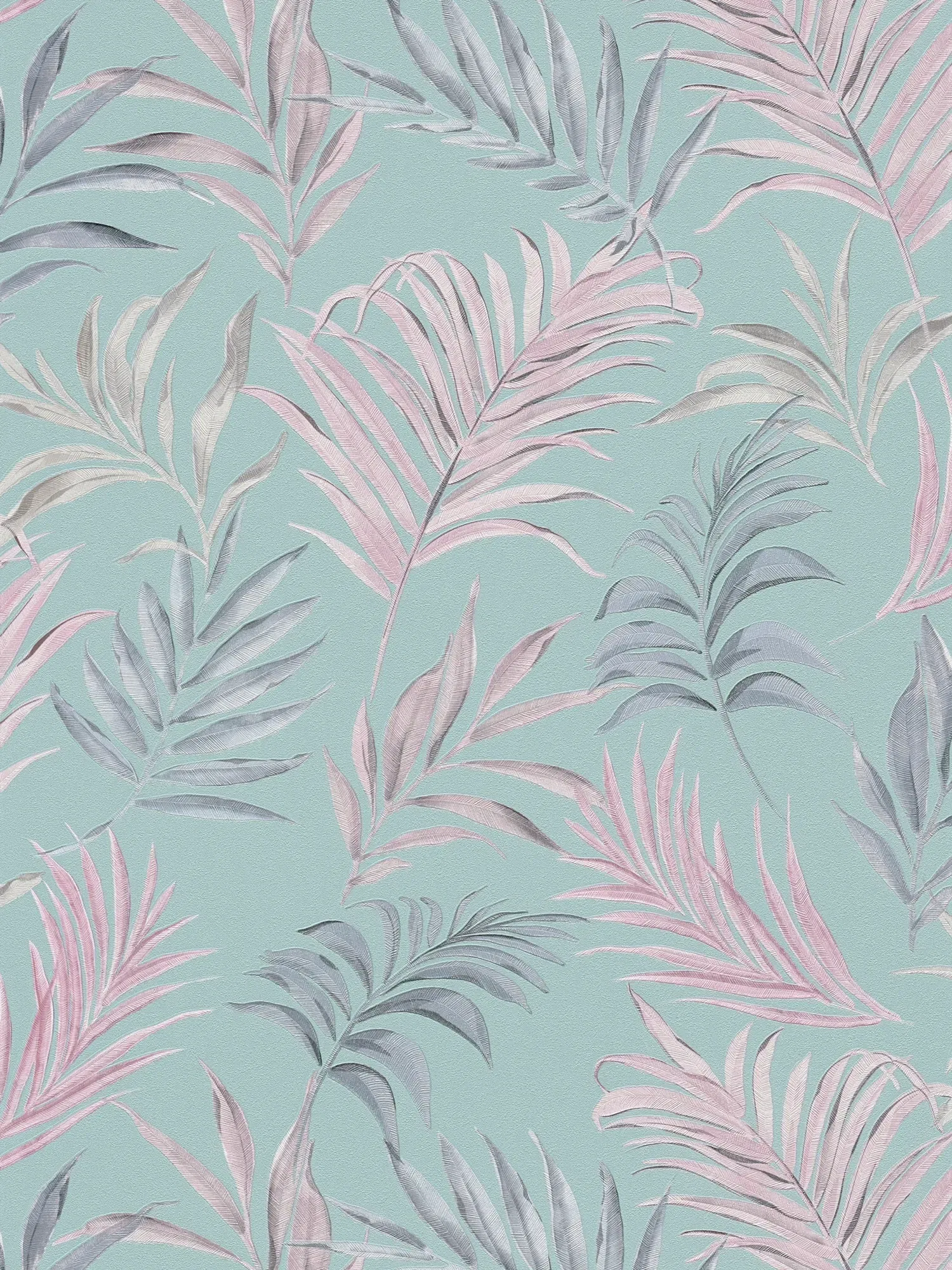 COSMOLiving - non-woven wallpaper with soft shimmering leaves in tropical pastel style textured - blue, pink, grey