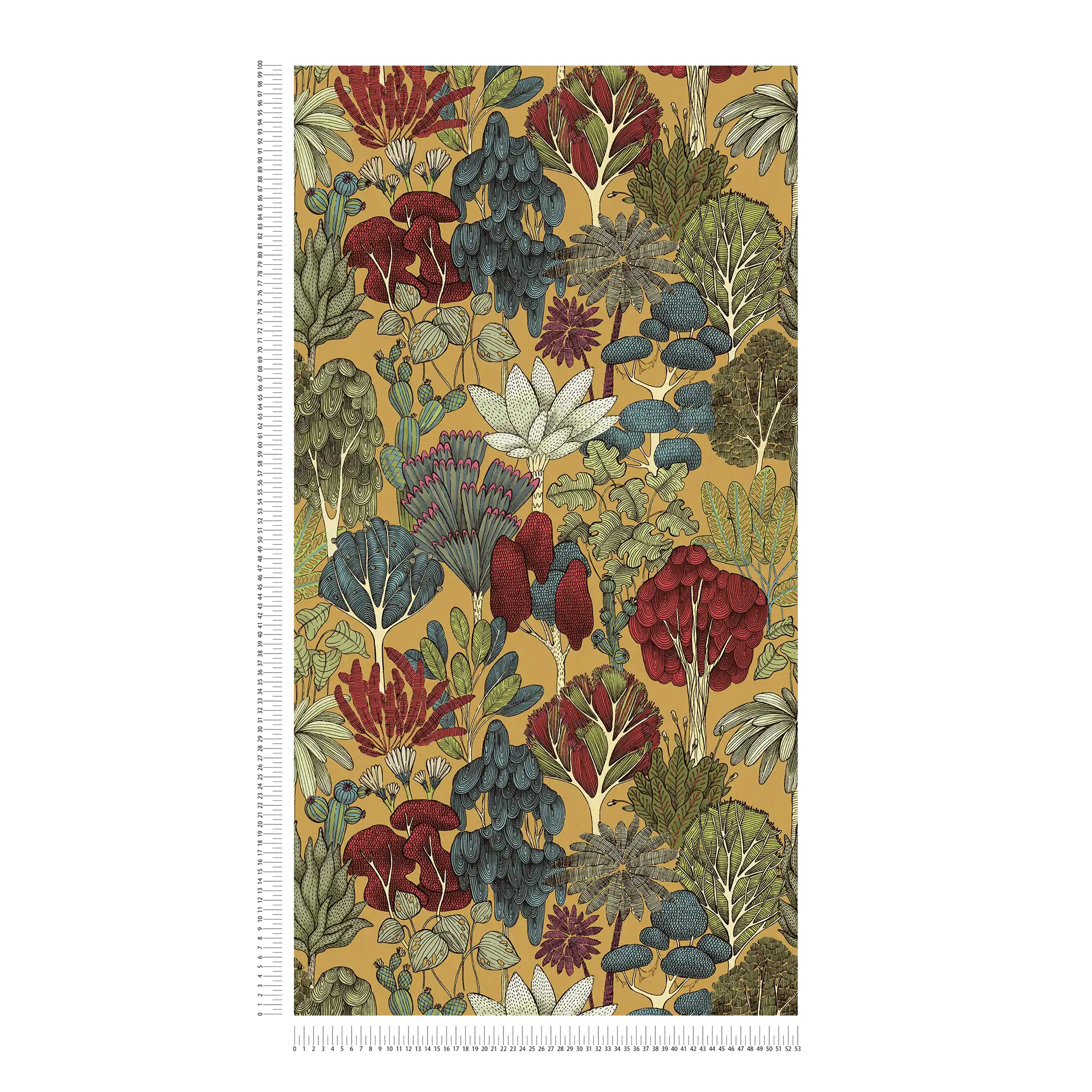             Tapete Senfgelb Bäume mit Doodle Design – Gelb, Rot, Blau
        