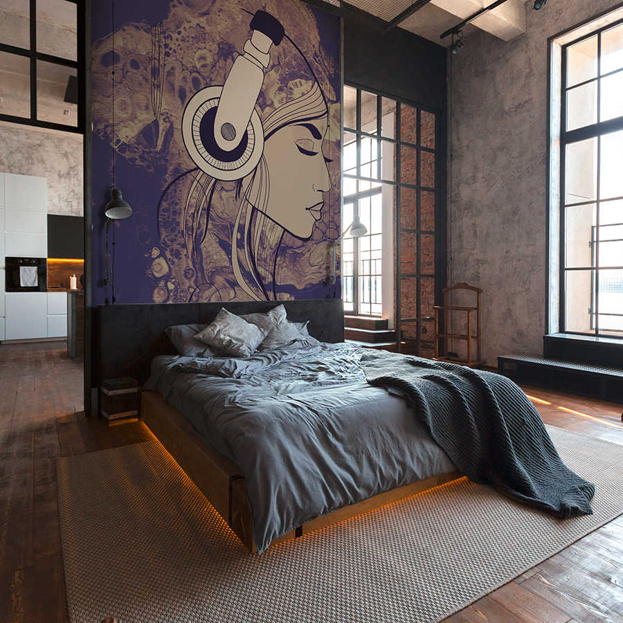 betttuch, bett, kissen, wandbild, kopfhörer- motif