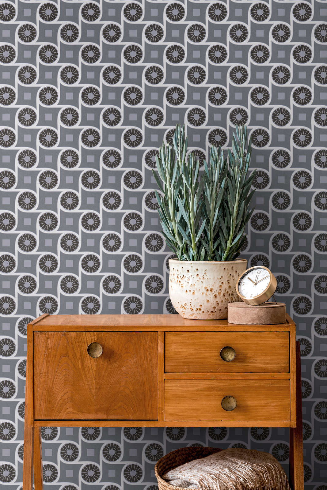             Tapete im Retrostil mit Kreismuster und Quadraten – Grau, Weiß, Schwarz
        