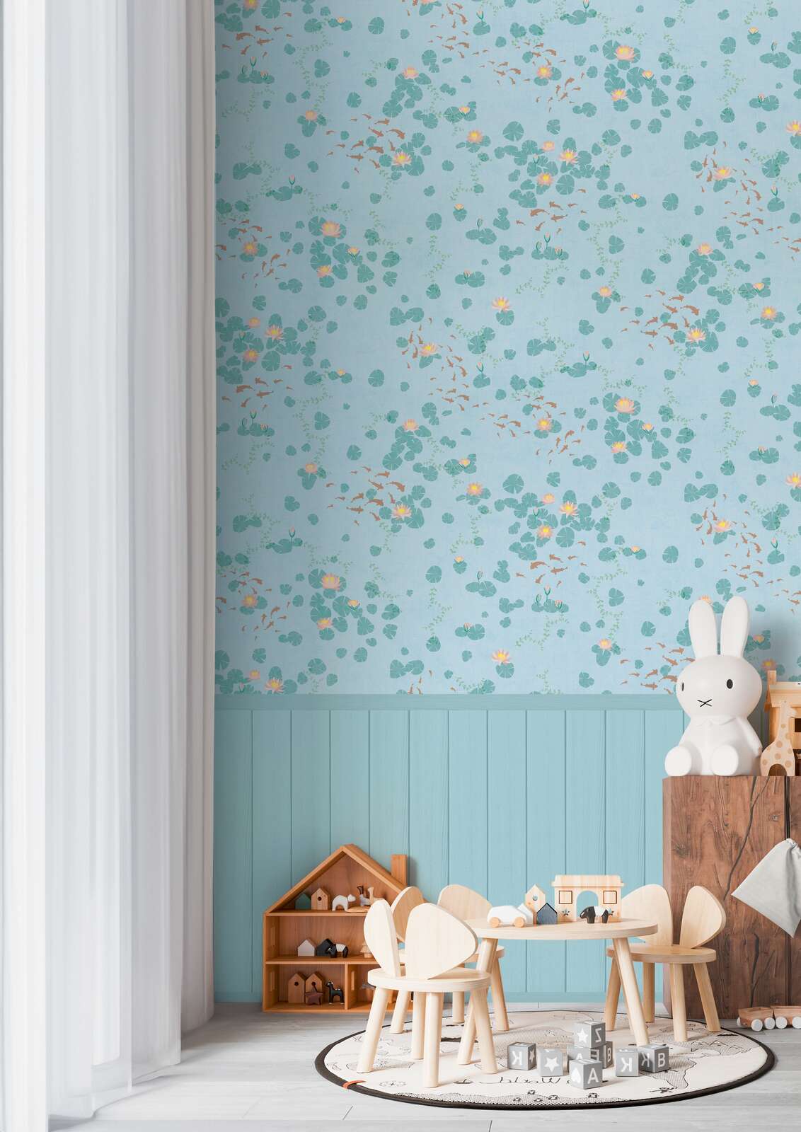             Blütenmeer Vliestapeten-Panel 159cm Breite x 280cm Höhe – Zartes Blumenmuster in fröhlichen Pastelltönen, glatte Oberfläche – Bunt, türkis
        