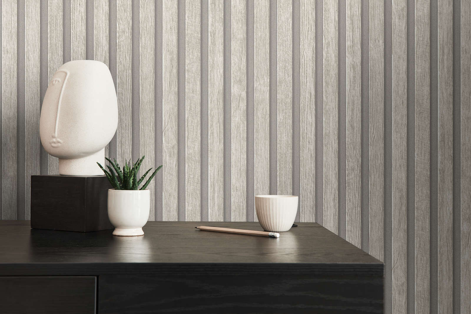             Vliestapete mit Holzpaneel-Muster – Grau, Creme
        