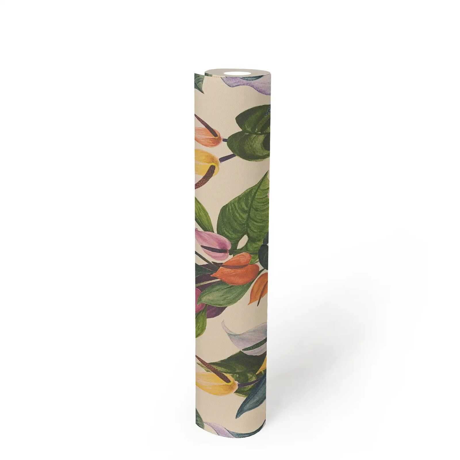             Verspielte, florale Vliestapete mit lebendigem Blumenmotiv und feiner Oberflächenstruktur – Beige, Bunt
        