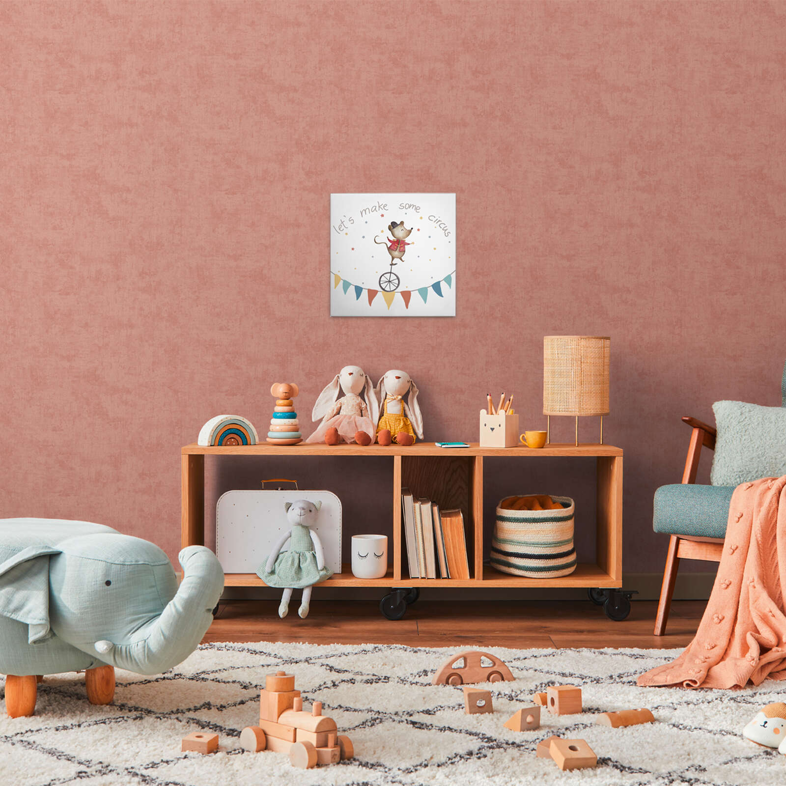 Leinwandbild Zirkusmaus auf Einrad - Verspieltes Motiv für Kinderzimmer – 40 x 40 cm - Bunt, Blau