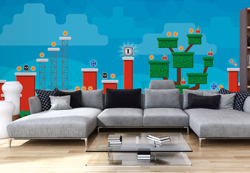 wohnzimmer, sofa, grau, mural, spielwelt