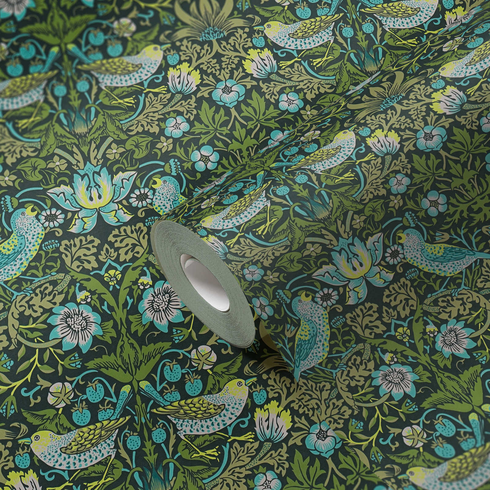Vliestapete Blumenmuster mit Vögel – Grün, Blau, Schwarz