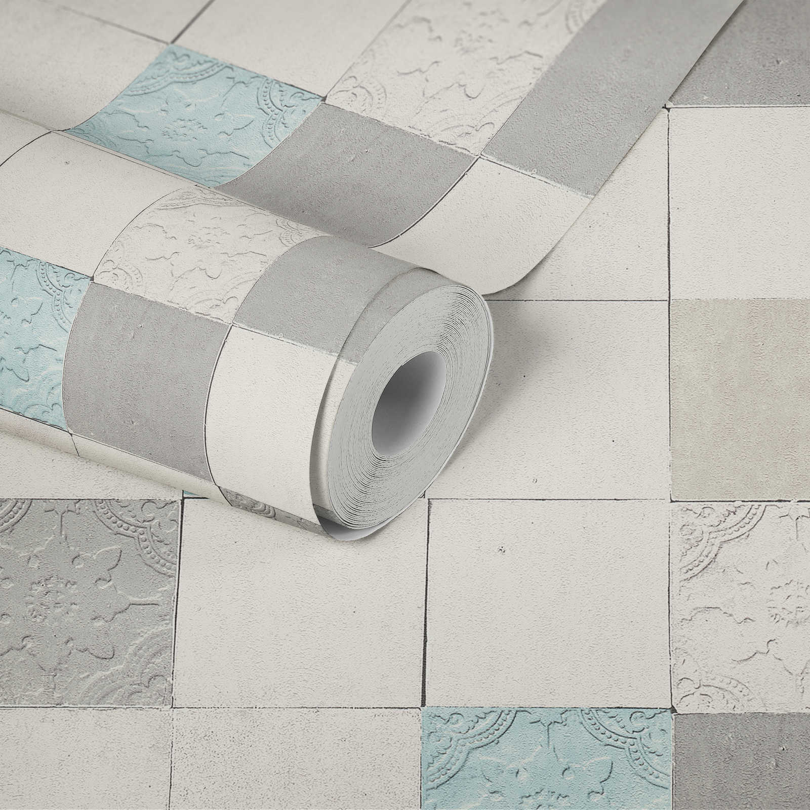             Fliesen-Tapete Dekorfliesen Mosaik – Grau, Blau, Creme
        