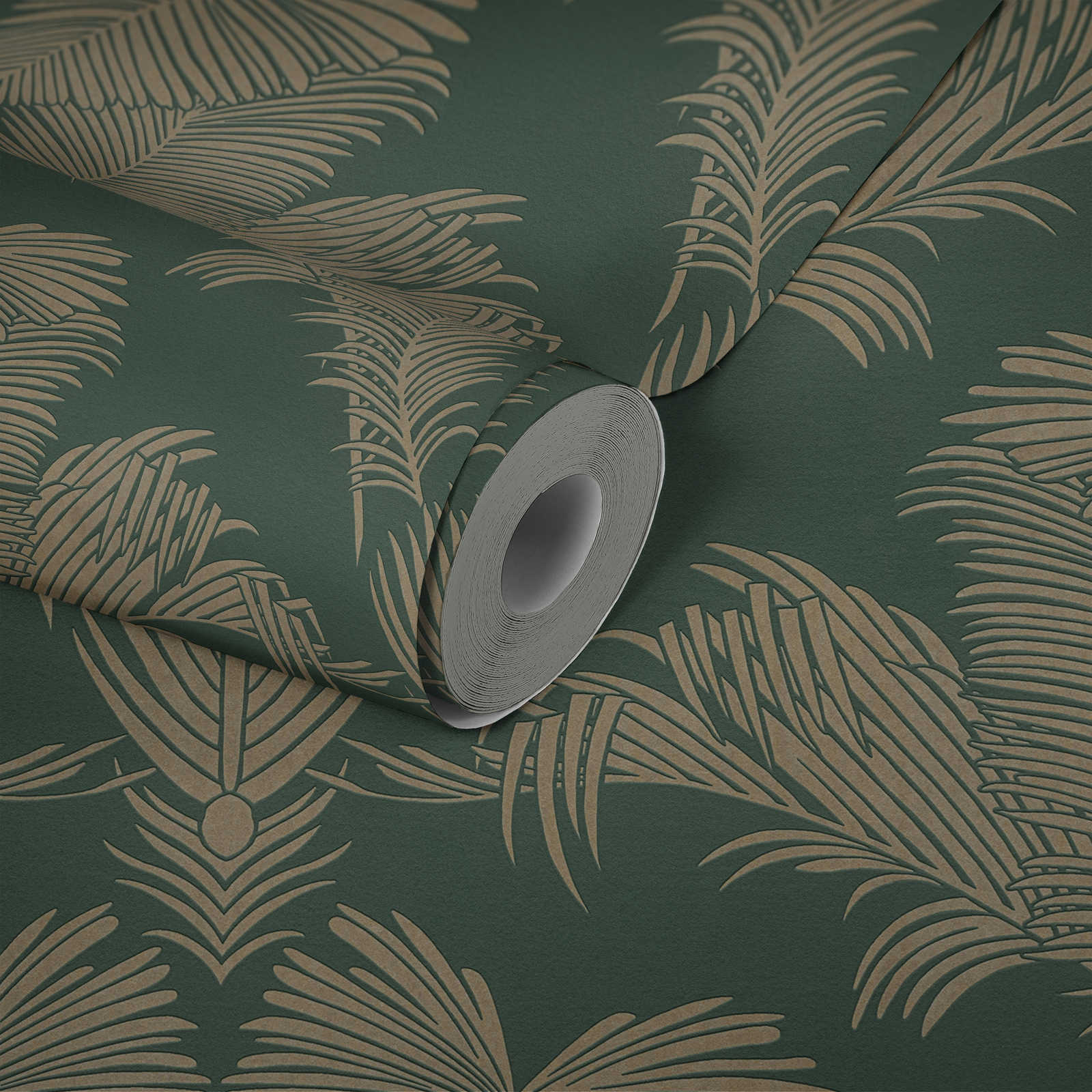             Vliestapete Tannengrün & Gold mit Palmblatt Motiv – Grün, Metallic
        