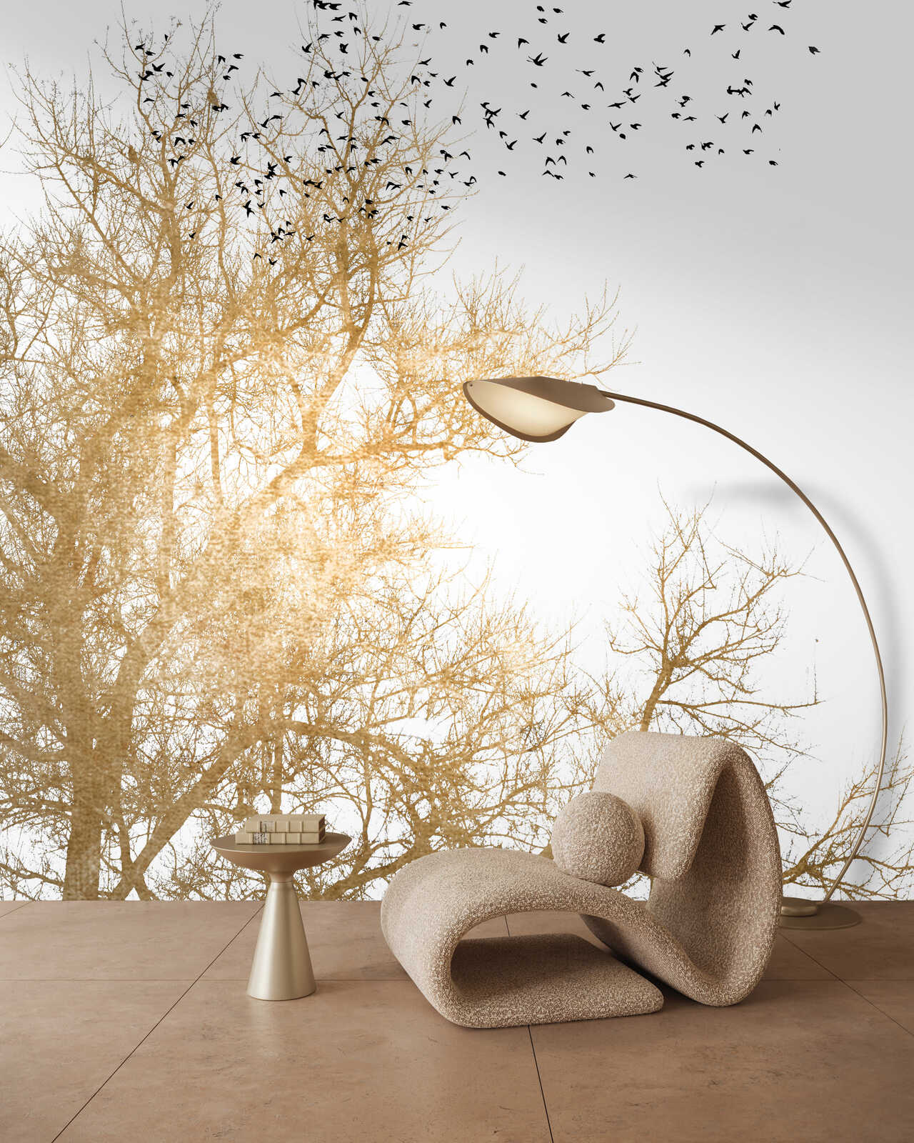 Sessel, Skulpturaler Sessel, Beistelltisch, Stehlampe, Dekoration