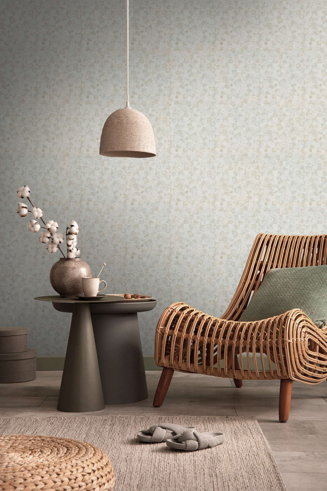 Vliestapete mit floralem Blüten- &amp; Blättermuster – Beige, Weiß