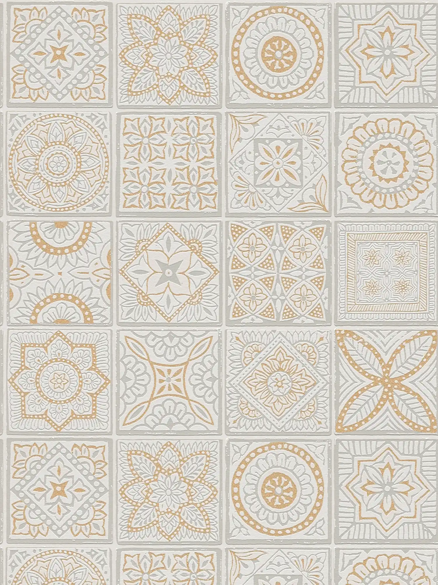         Tile look non-woven wallpaper with floral mosaics - gold, grey, white
    