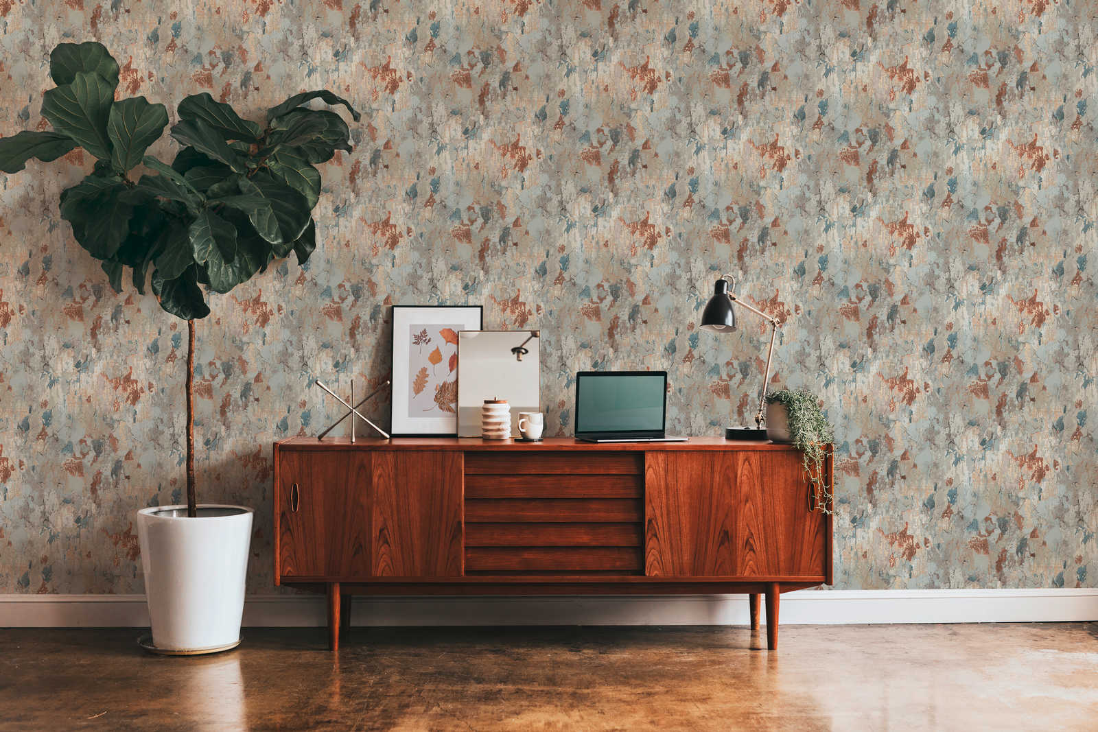             Rustikale Vliestapete mit Putzoptik im Used Look – Braun, Grau, Grün
        