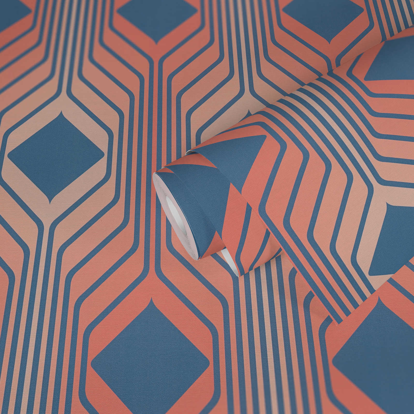             Abstraktes Rauten Muster im Retro Stil – Blau, Rot, Rosa
        