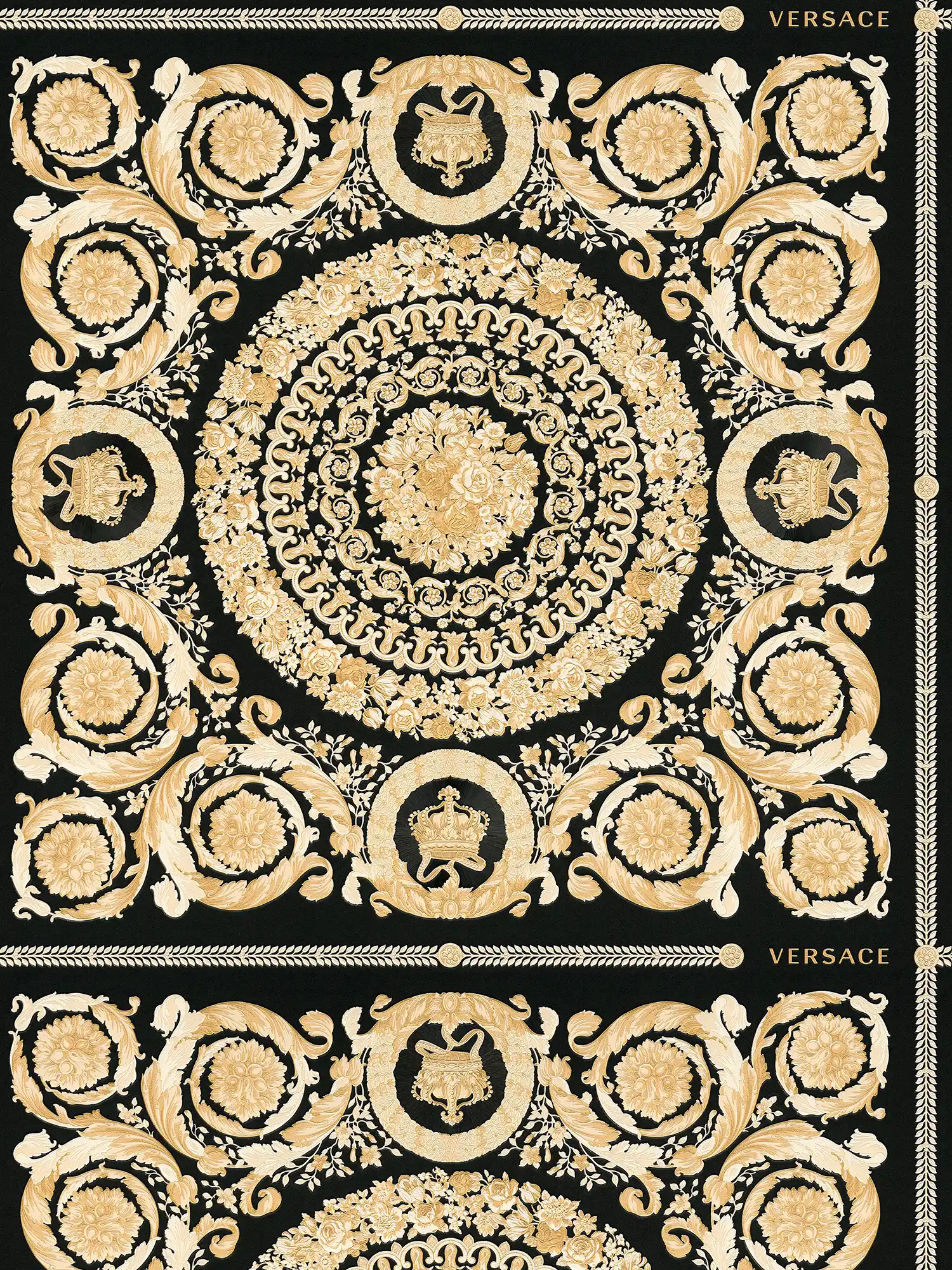         Luxuriöse VERSACE Home Tapete Kronen & Rosen – Schwarz, Gold, Creme
    