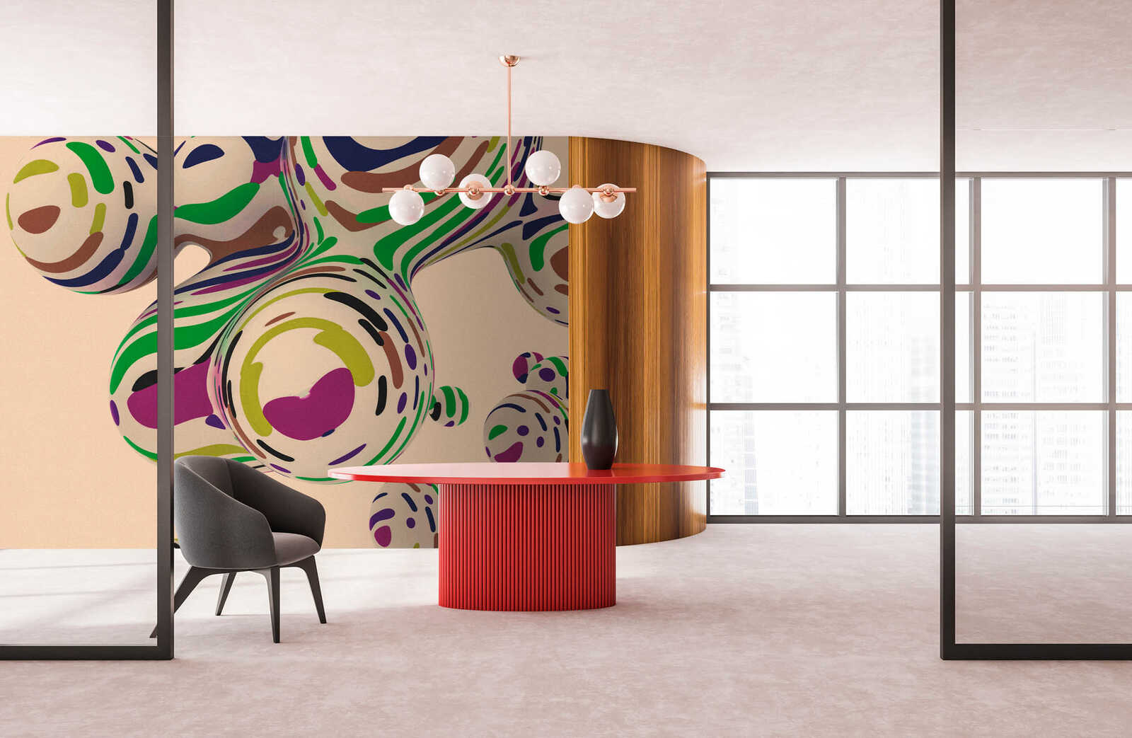 abstrakte Wandmalerei, bunte Wandkunst, runder Tisch, roter Tisch, Innenarchitektur