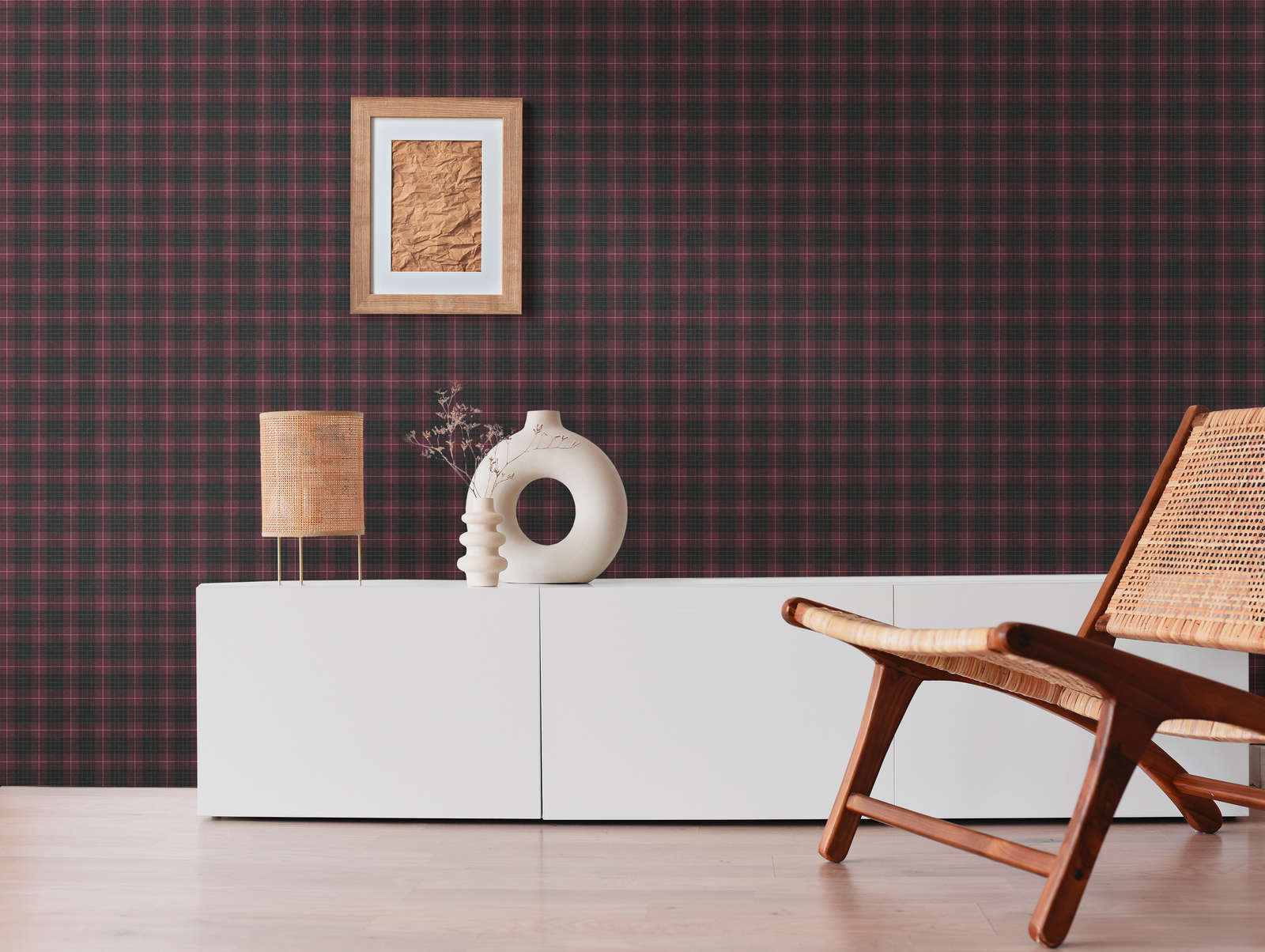             Vliestapete mit Stoffoptik kariert Flanell-Look – Rot, Schwarz
        