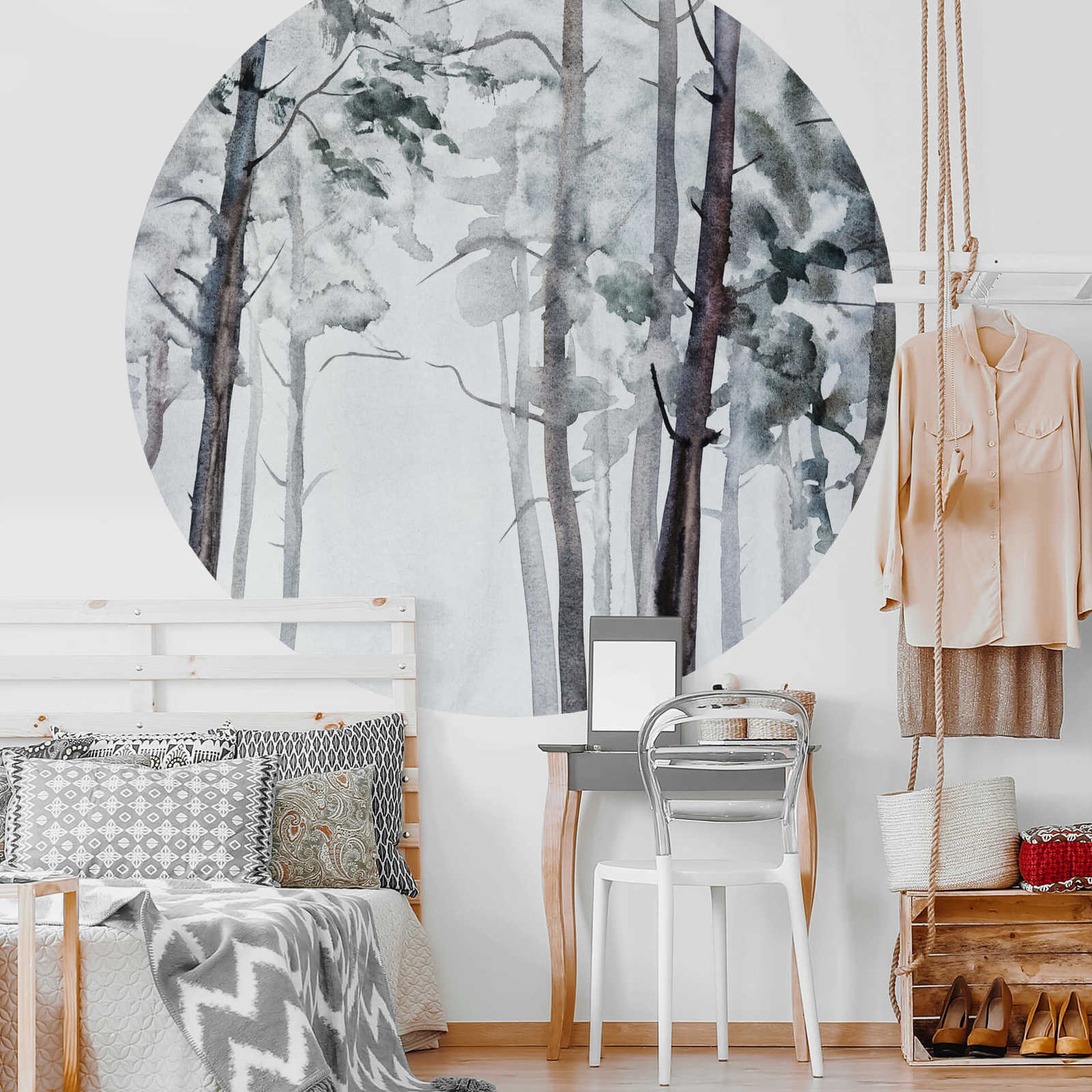             Runde Fototapete Nebel im Wald – Grau, Weiß
        