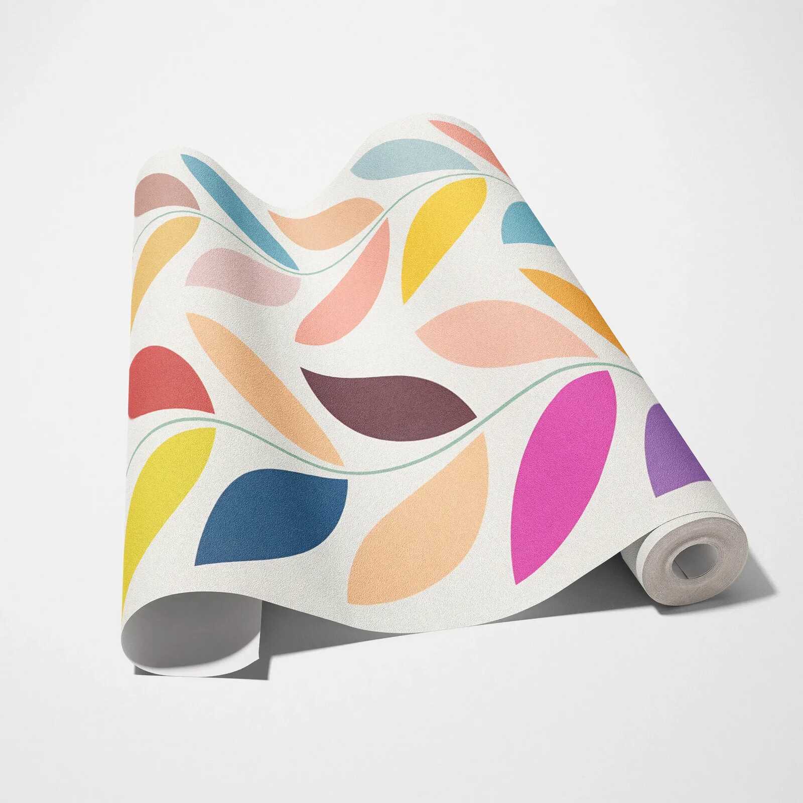             Retro vliesbehang met opvallend kleurrijk bladmotief - crème, veelkleurig
        