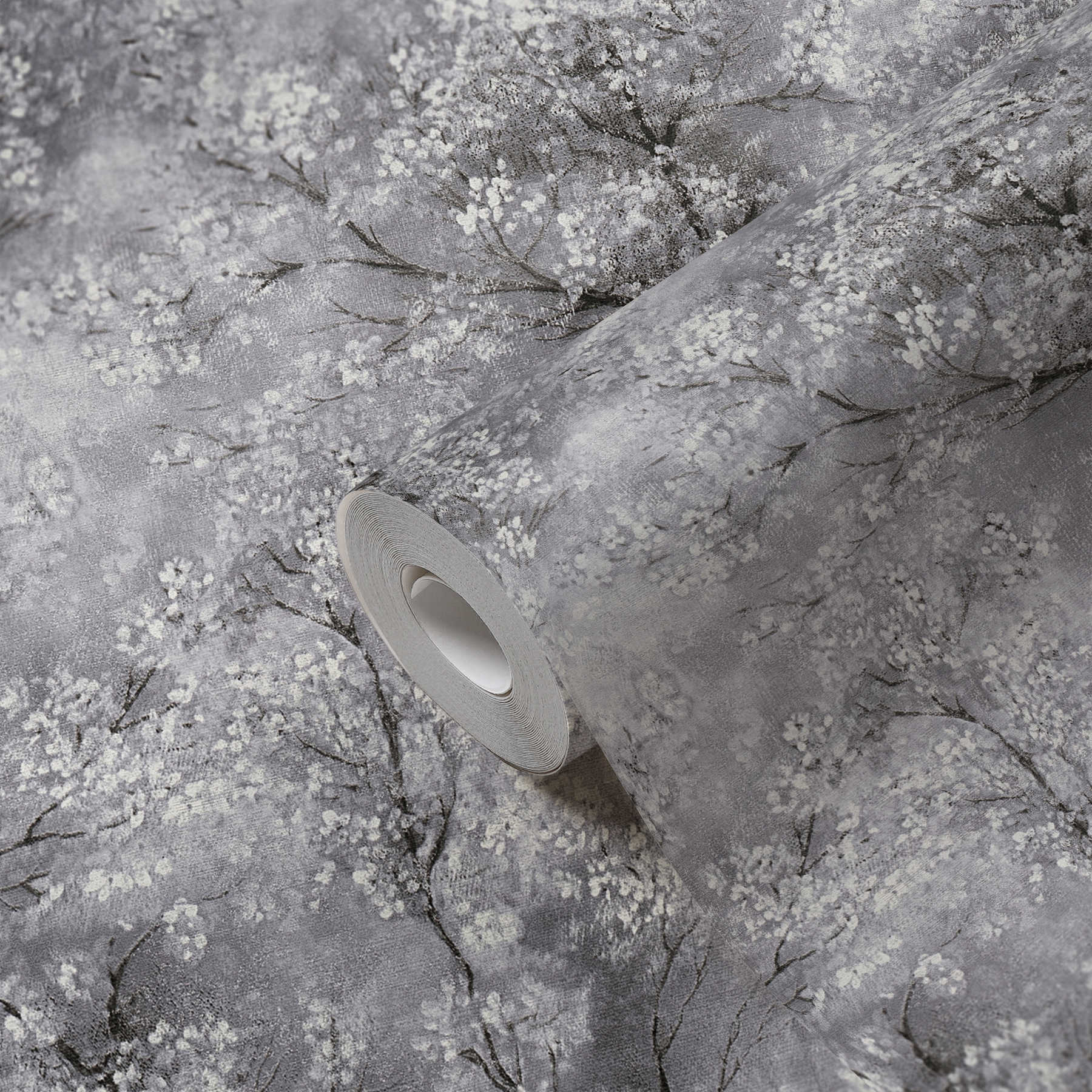             Tapete Kirschblüten Glitzer-Effekt – Grau, Schwarz, Weiß
        
