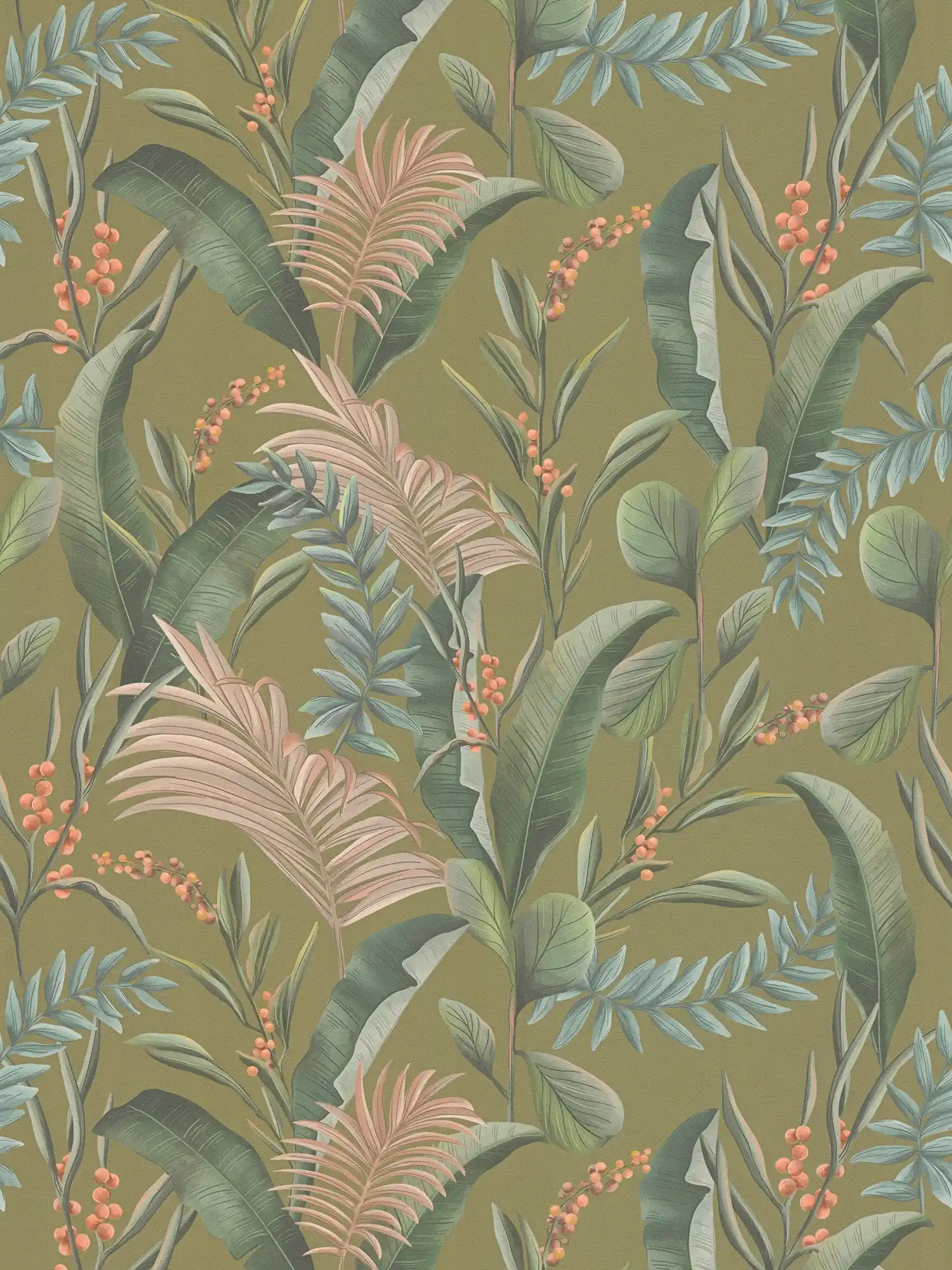         Dschungeltapete floral mit Blättern matt strukturiert – Grün, Beige, Orange
    