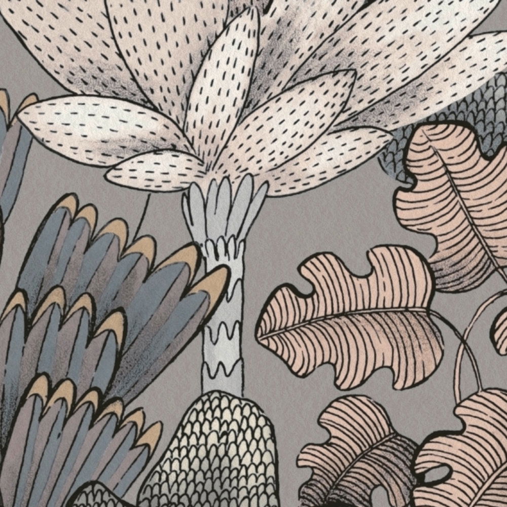             Tapete Grau Beige mit floralem Muster im Doodle Look – Grau, Beige, Orange
        