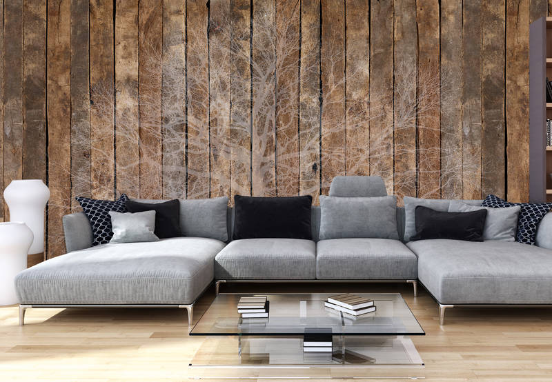 Wohnzimmer, Sofa, Couchtisch, Holzwand, Grau