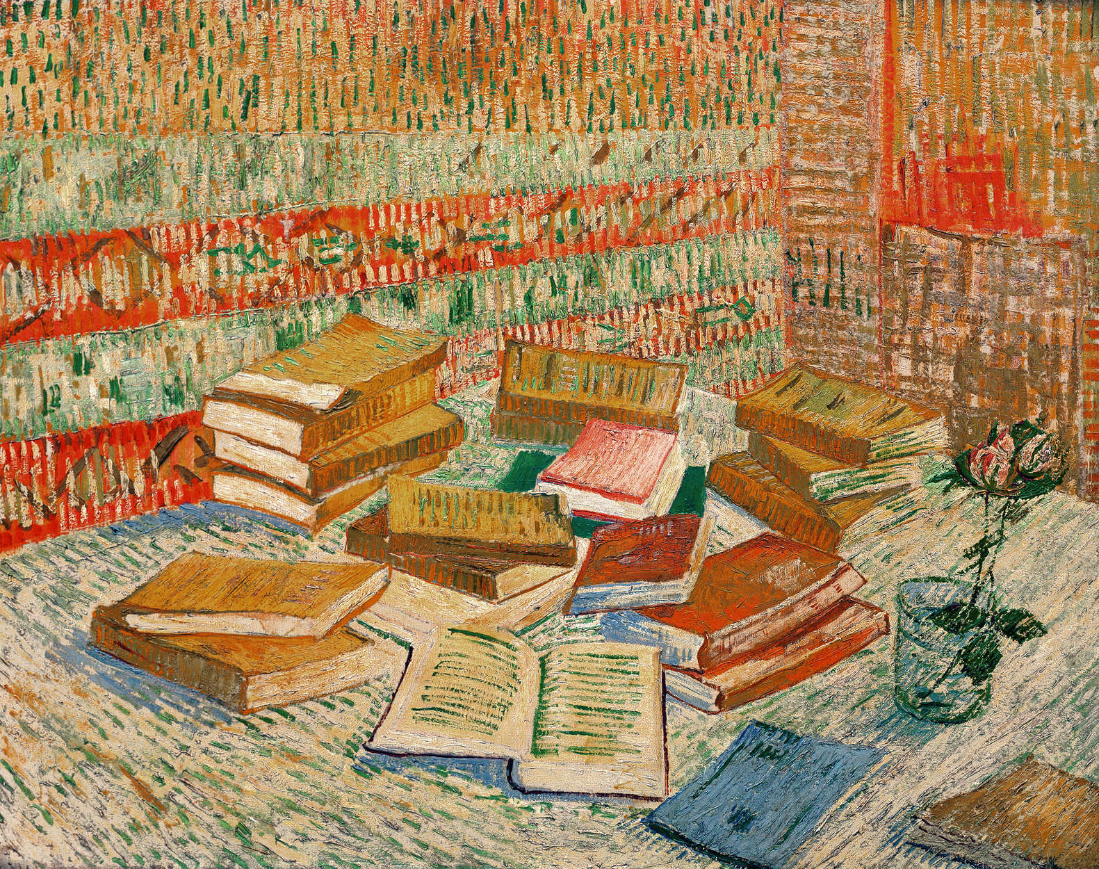 Bücher, Büchersammlung, Lernumgebung, Tisch, Blumenvasen
