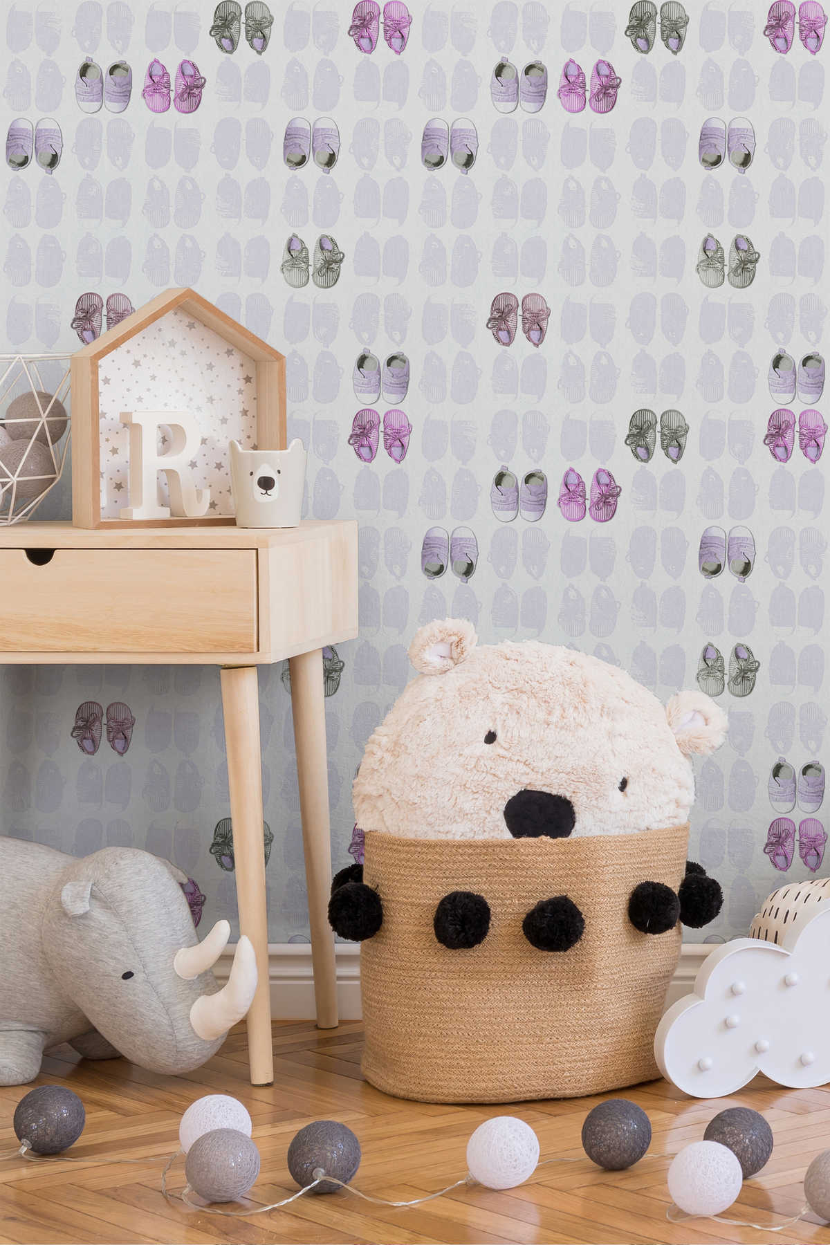 Babyzimmer Tapete Babyschuhe für Mädchen – Rosa, Weiß