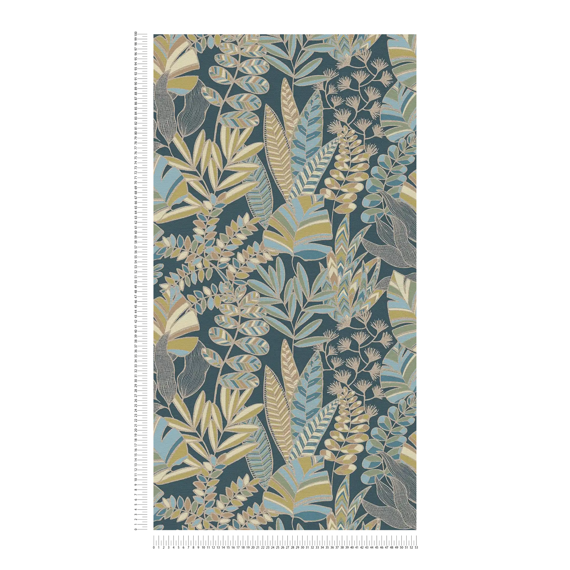             Vliestapete im Dschungelstil mit Glanzeffekt – Blau, Gold, Grün
        