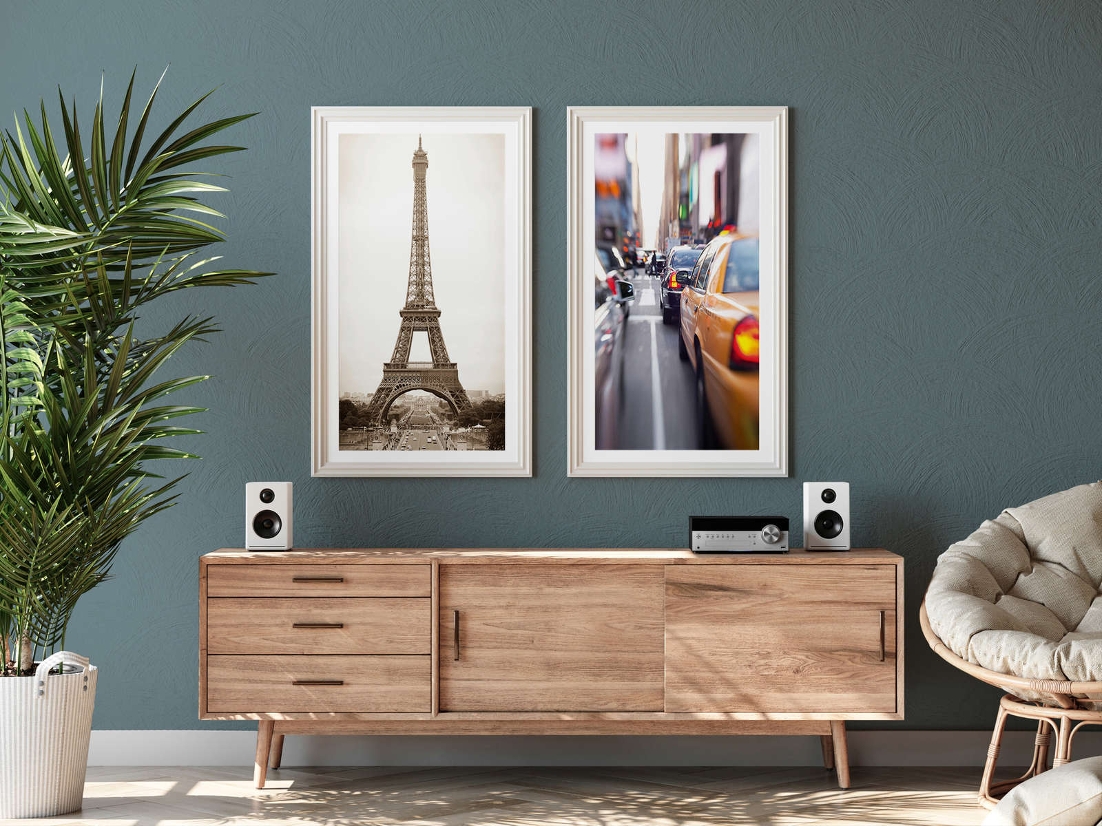 Parisian Eiffel Tower framed, Indoor decor, Wooden sideboard, Audio system, Urban wall art