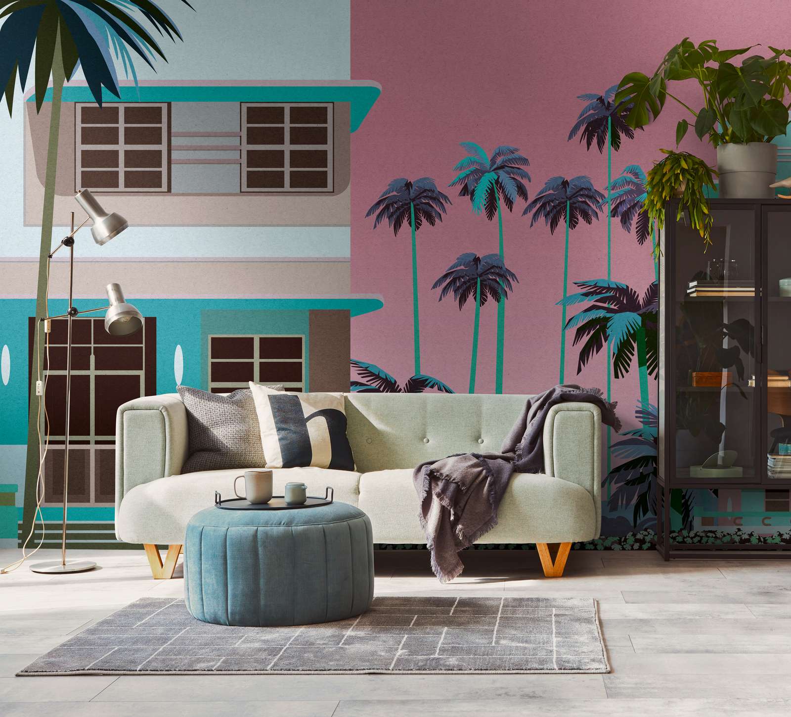 Retro Fototapete 'Miami' mit farbenfrohen Gebäuden und Palmen vor Sonnenuntergang als Vliestapete – Blau, Pink, Braun