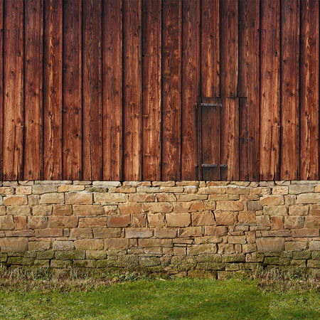         Photo wallpaper with wooden facade and natural stone wall
    