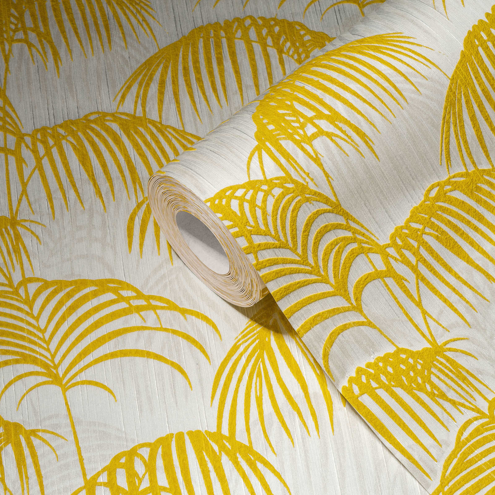             Palmen Tapete mit Gold-Effekt & Strukturdesgin – Metallic, Weiß
        